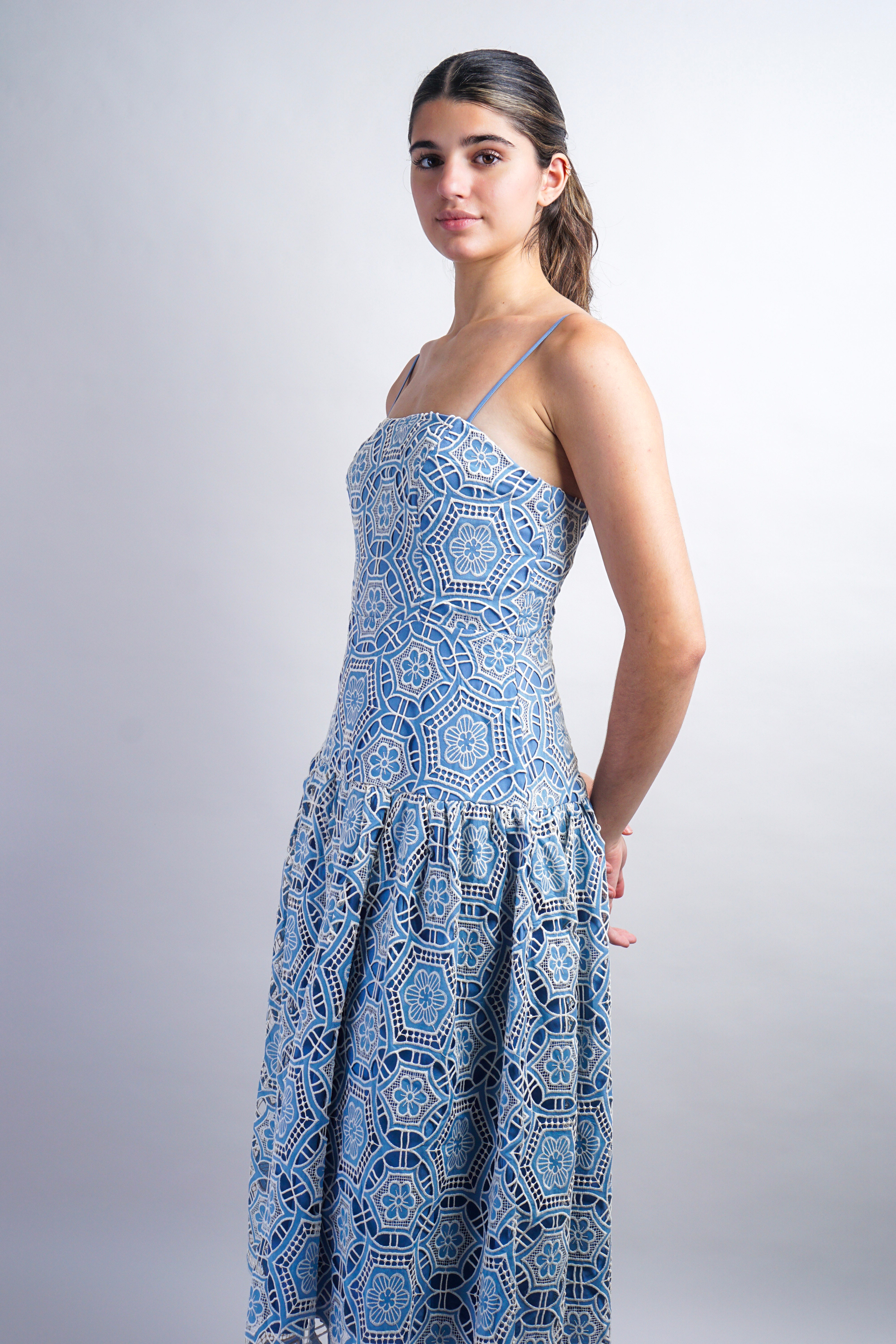 Blue/Ivory Crochet Scallop Straps Dress
