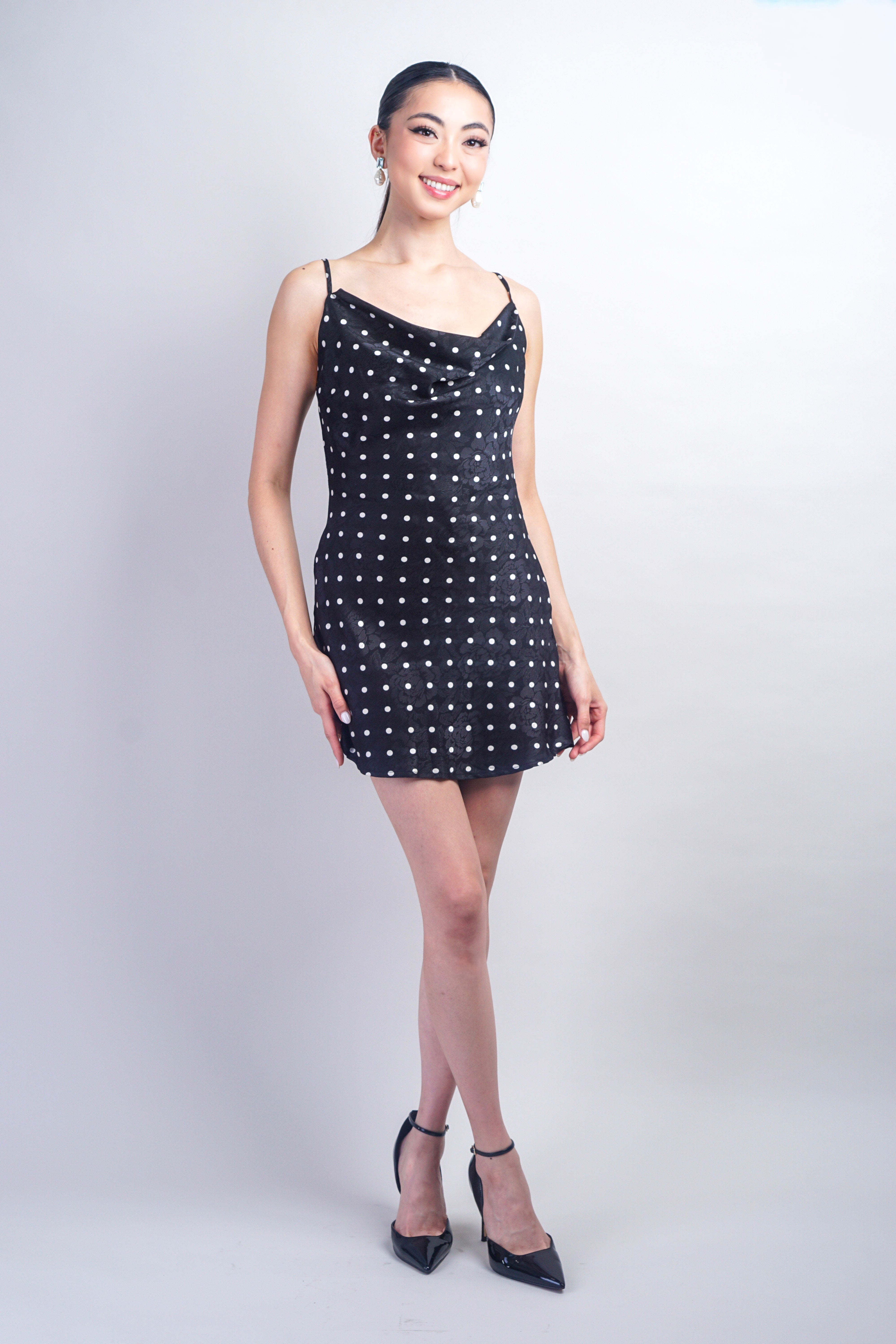Black Floral Polka Dot Cowl Neck Bias Mini Dress