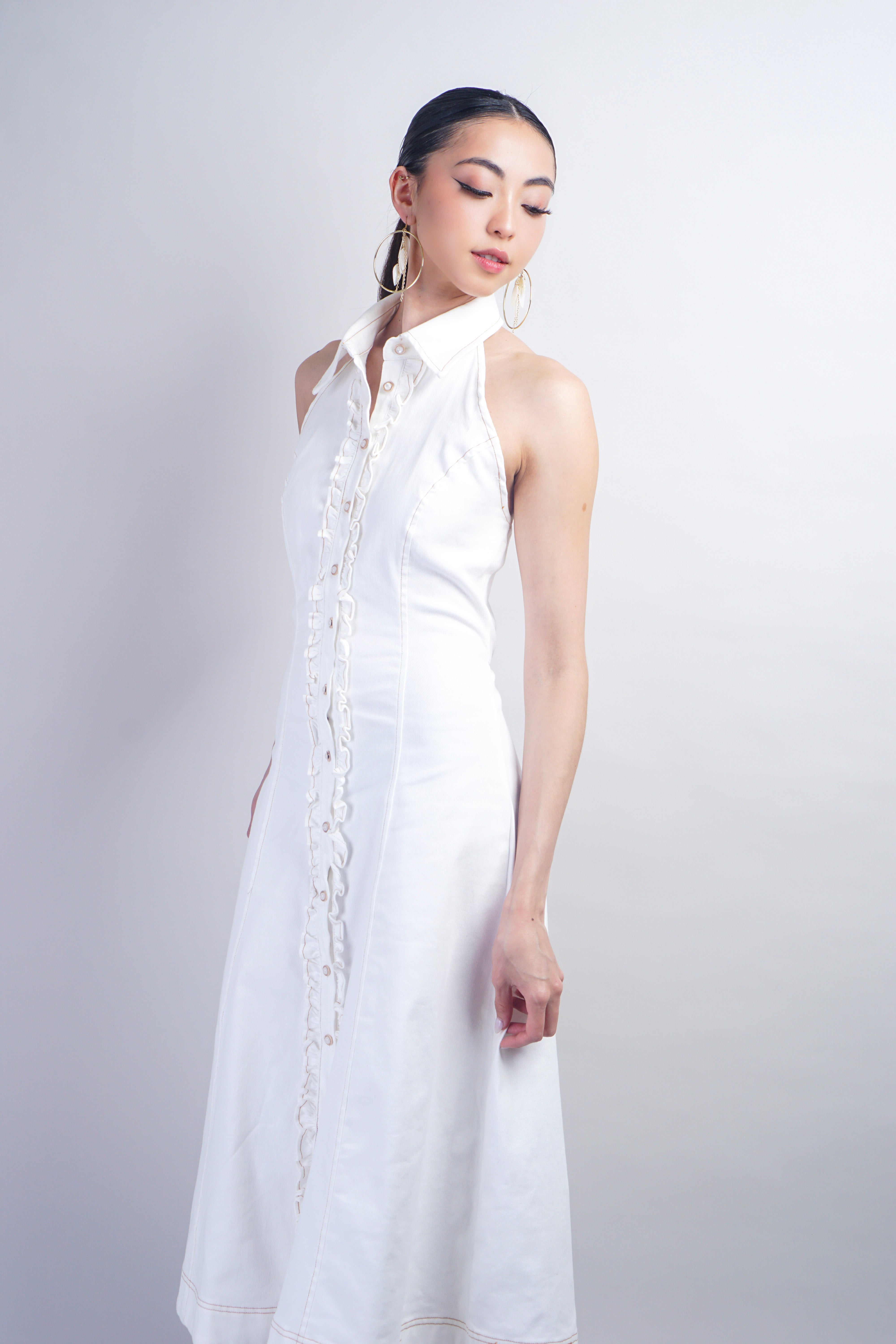 White Ruffle Trim Halter Collar Denim Dress with Belt