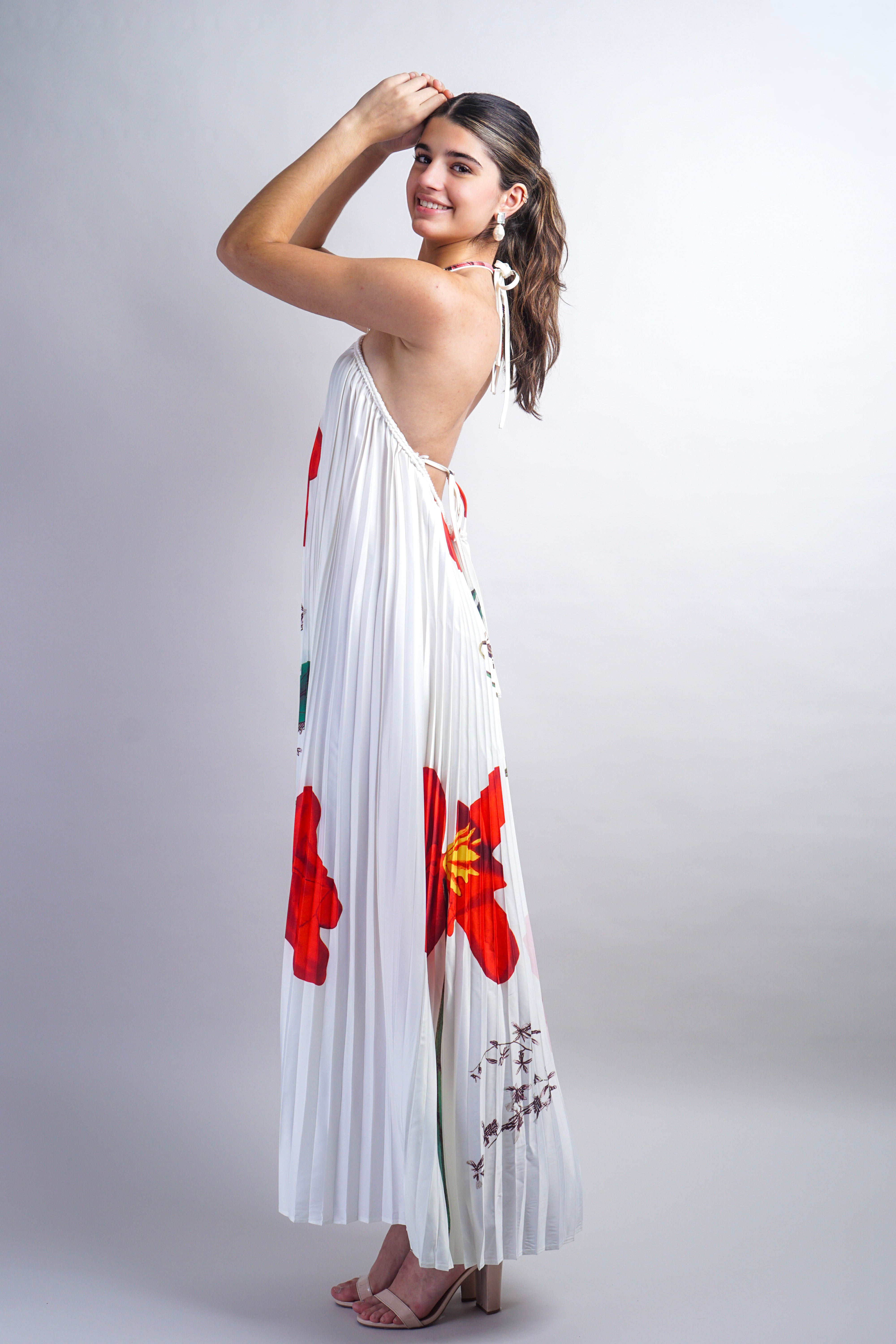 Off White Printed Braid String Halter Pleated Dress