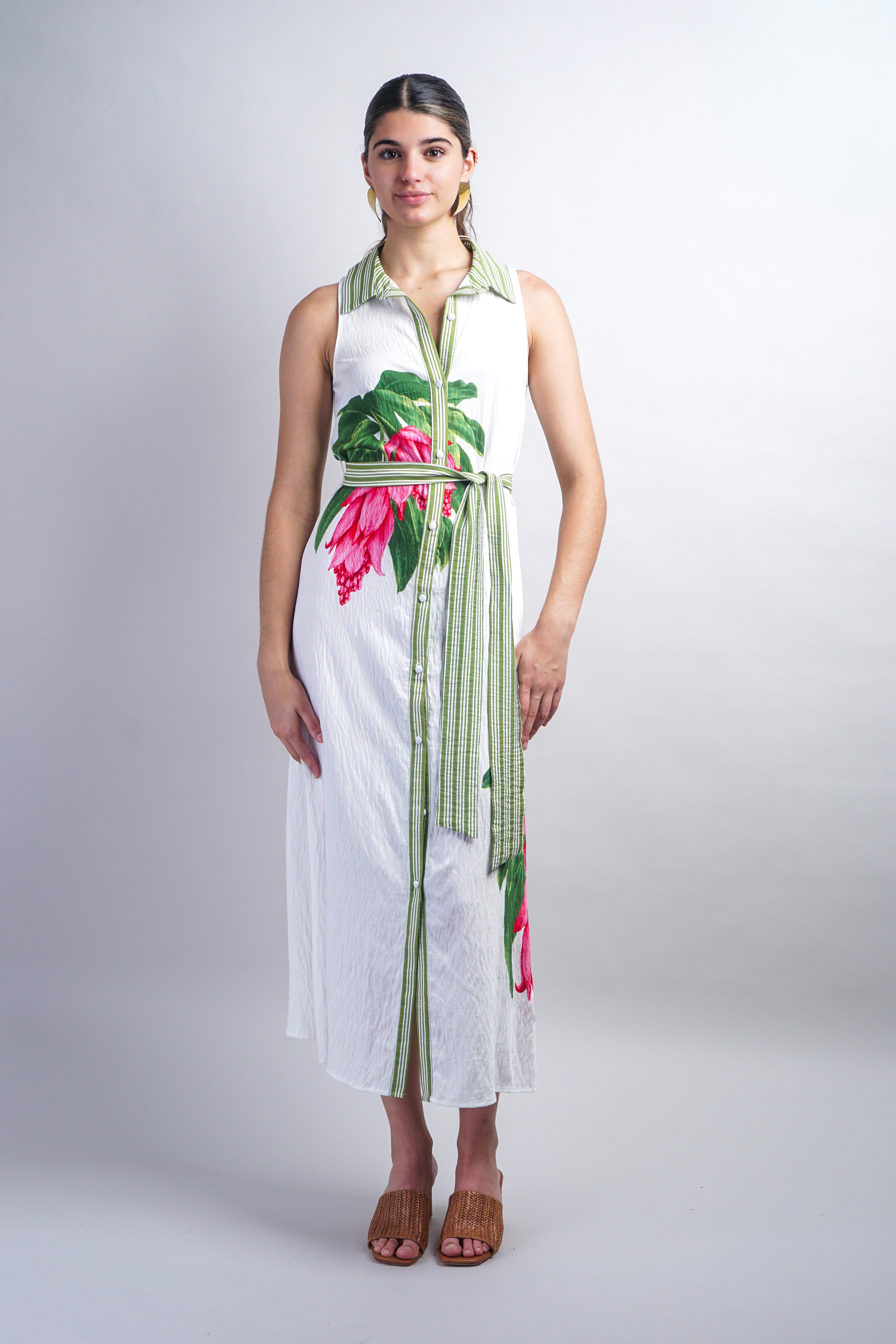 Green Ivory Stripe Pink Flower Shirt Dress