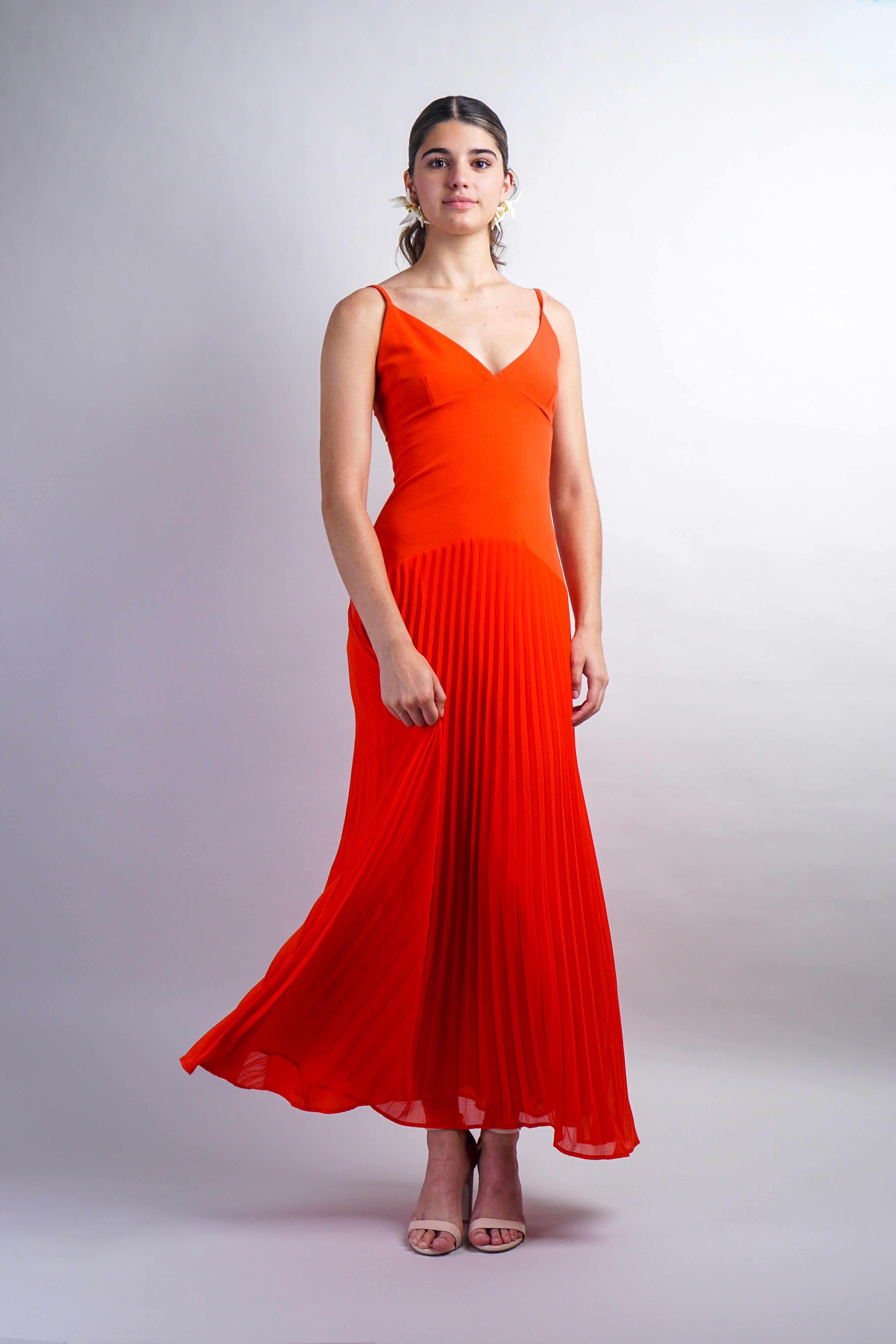 Orange Drop Waist Pleated Midi Dress