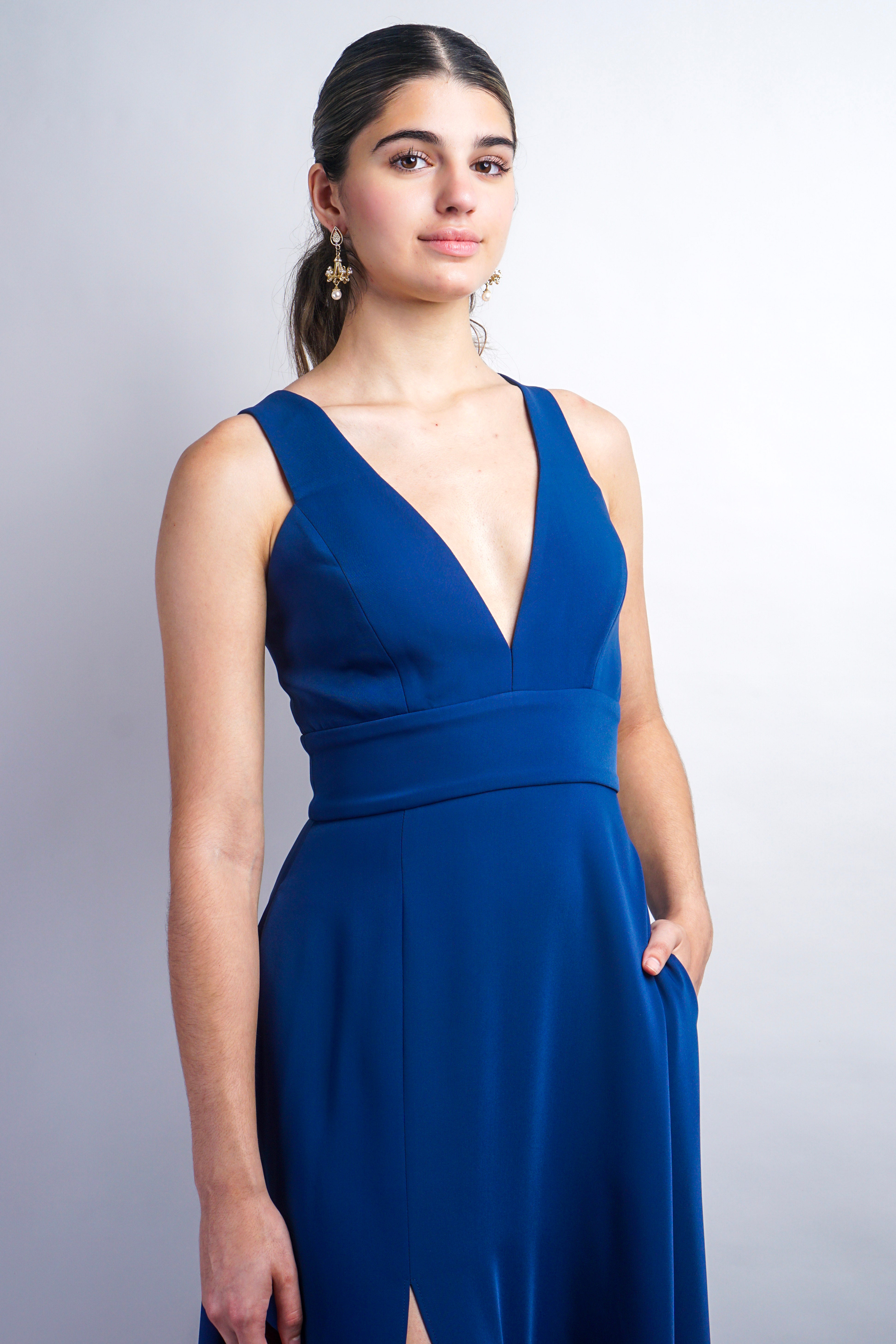 Dark Blue V Neck Front Slit Soraya Gown