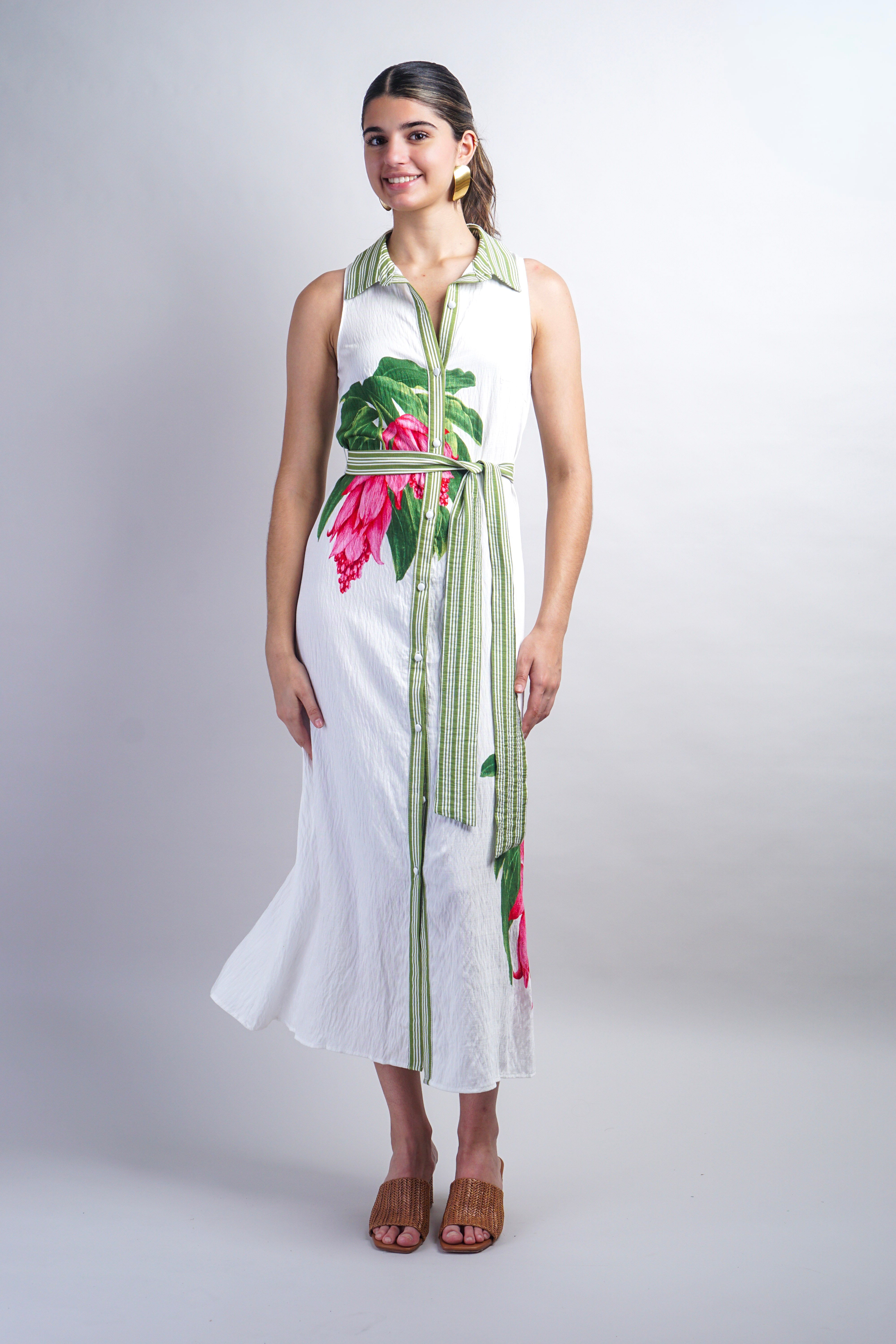 Green Ivory Stripe Pink Flower Shirt Dress