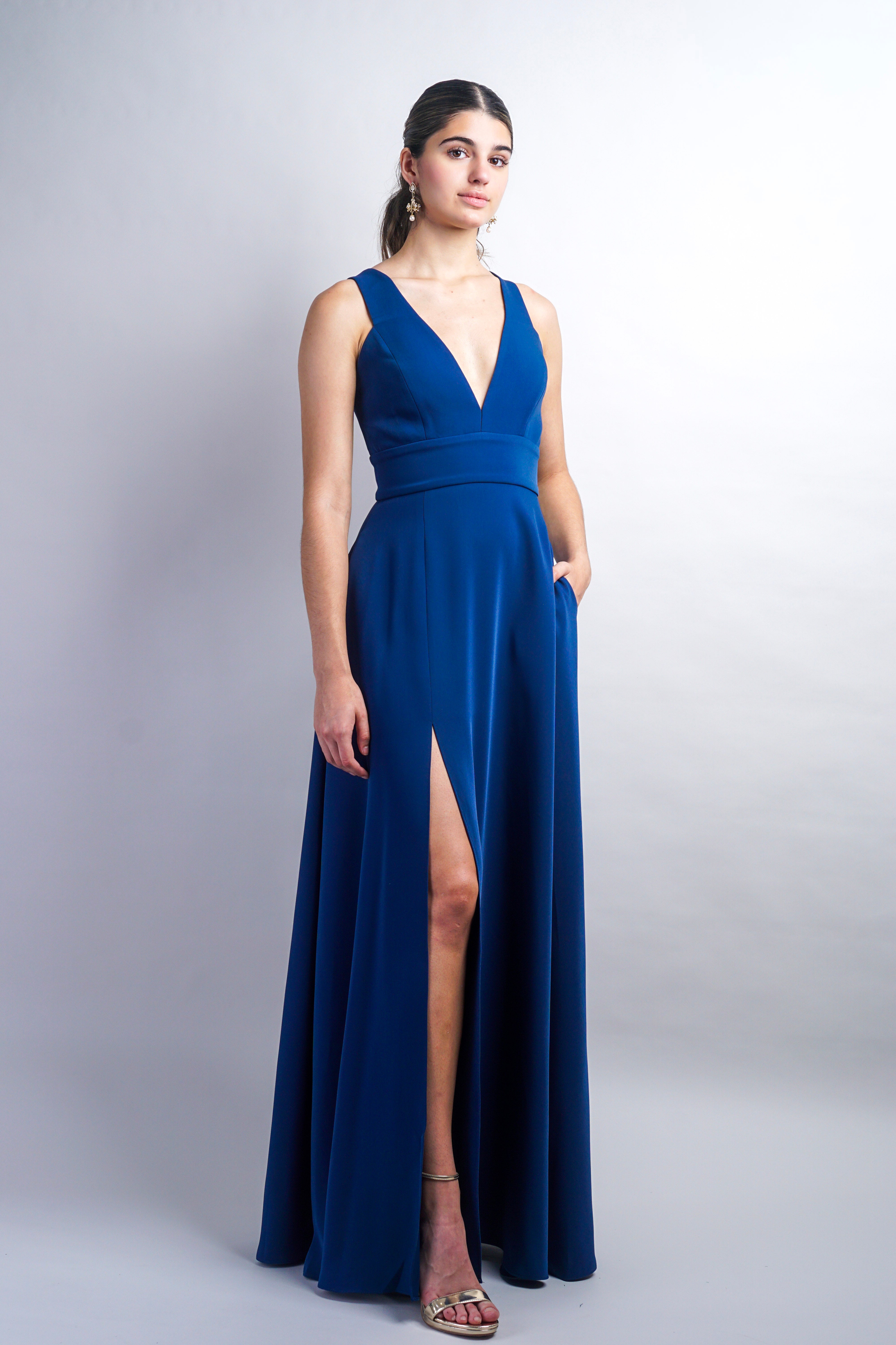 Dark Blue V Neck Front Slit Soraya Gown