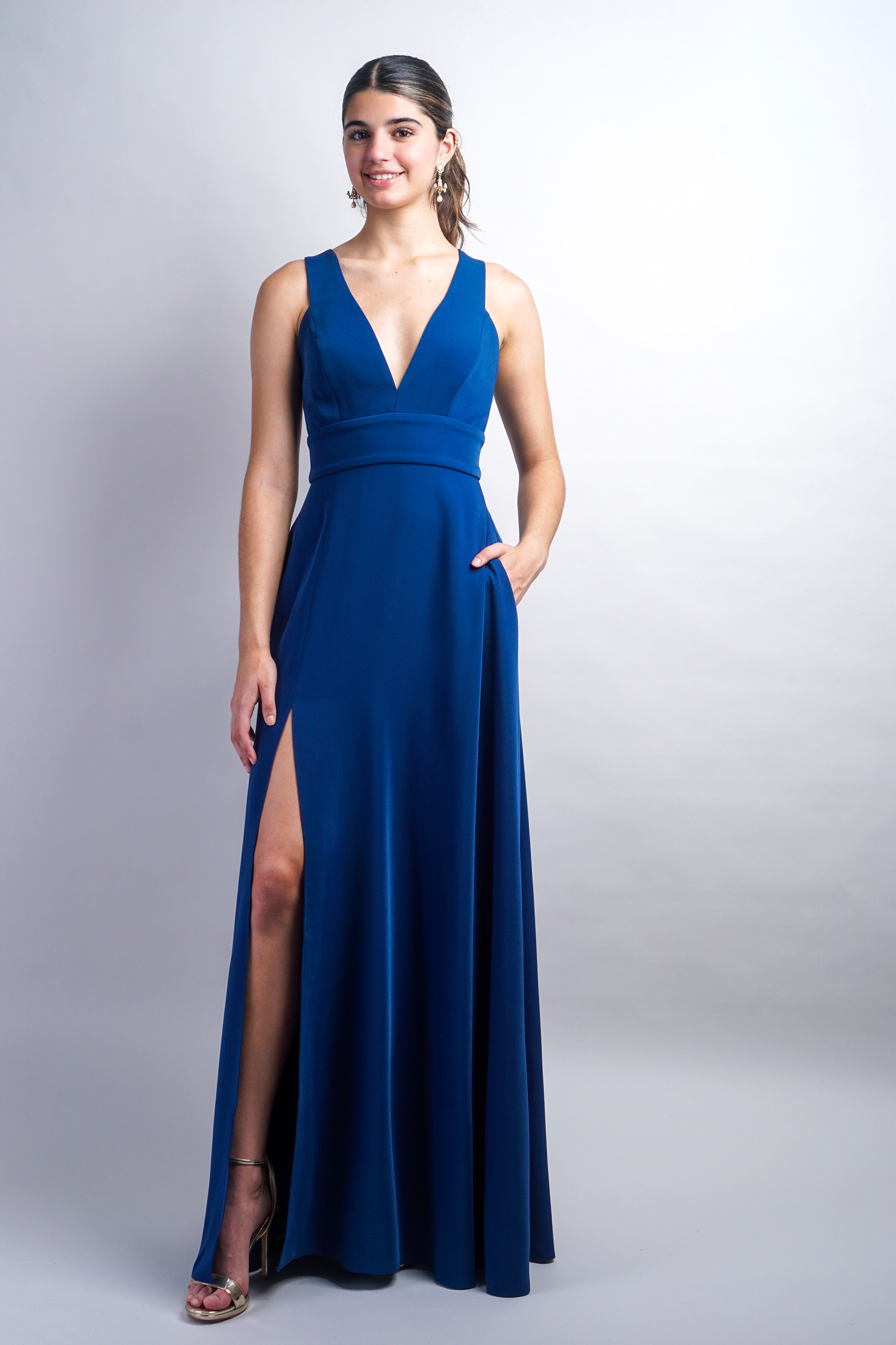 Dark Blue V Neck Front Slit Soraya Gown