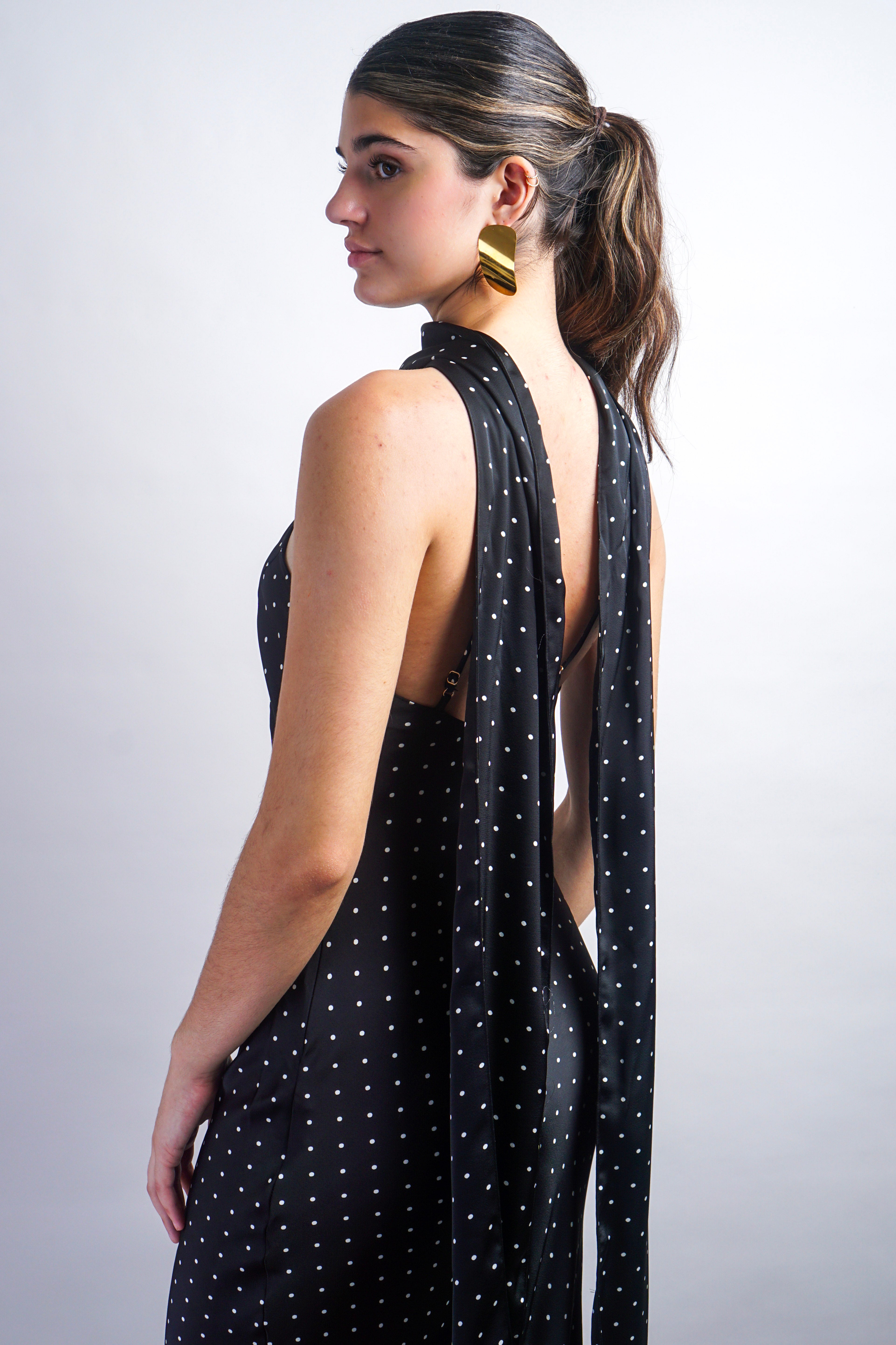 Black Magdalena Dress - Polka Dot Bias Maxi Dress With Scarf