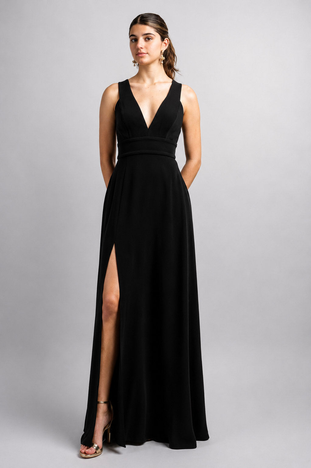 Black V Neck Front Slit Soraya Gown