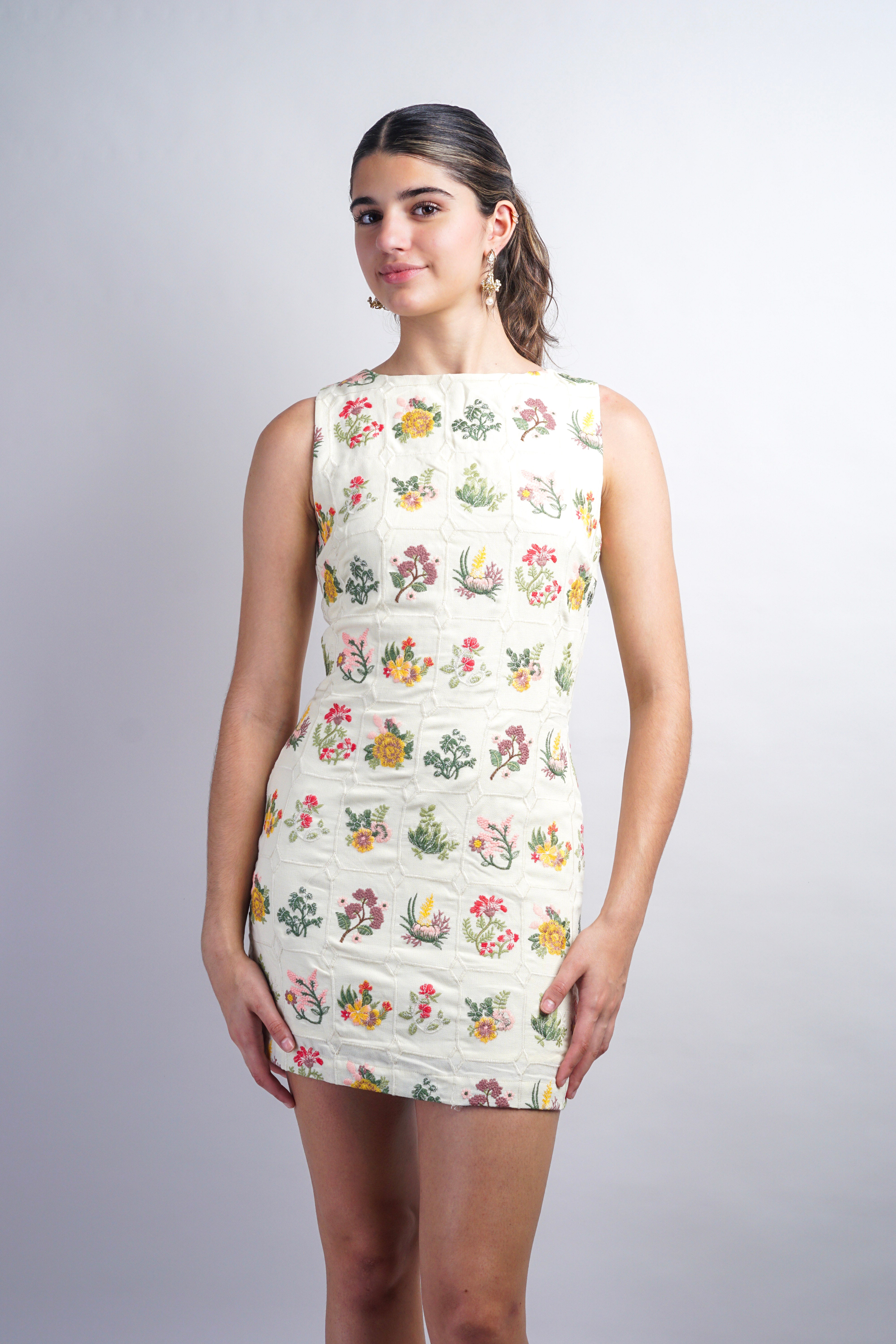 Cream Grid Embroidered Flower Sleeveless Mini Dress