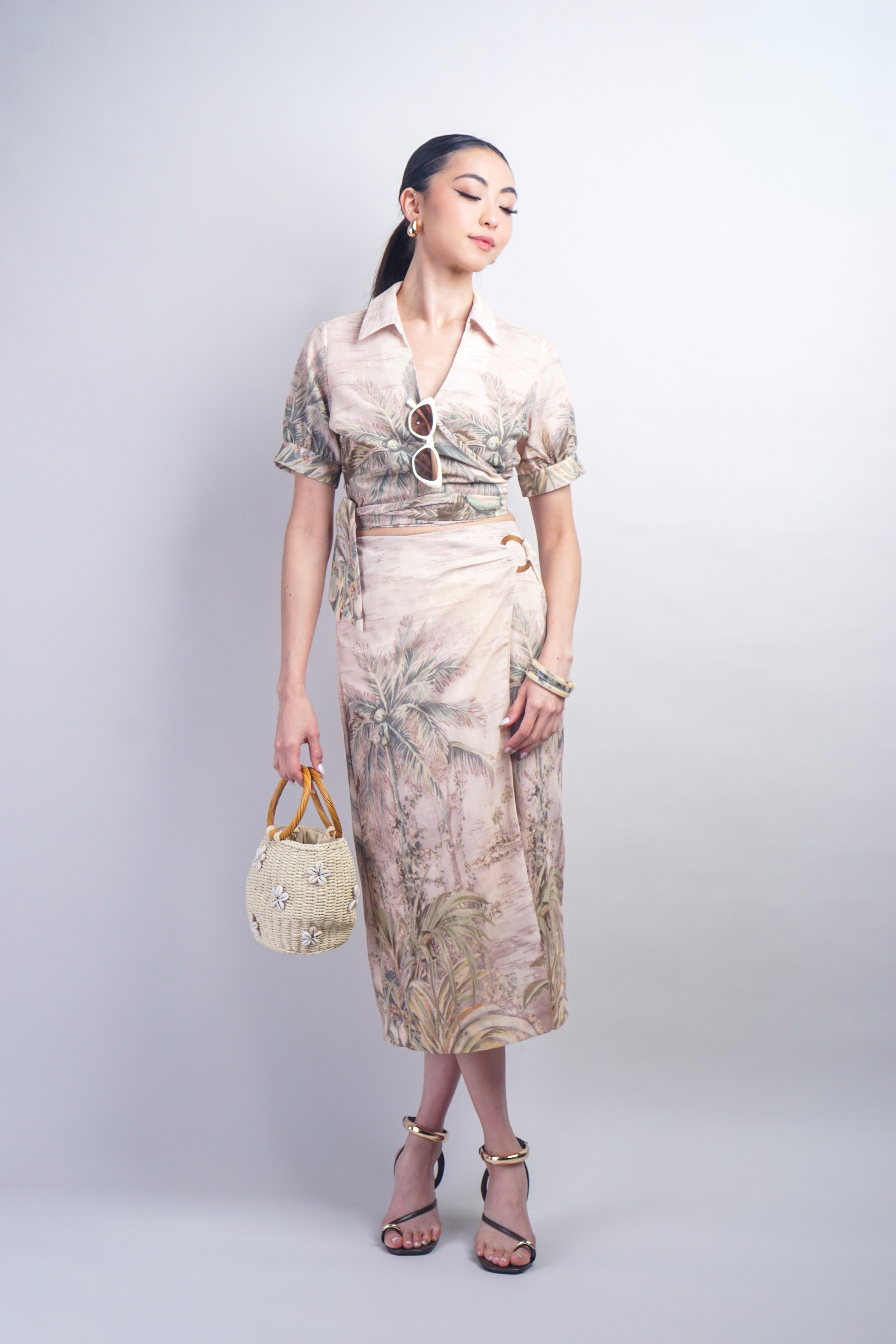 Tropical Palm Tree Faux Wrap Skirt