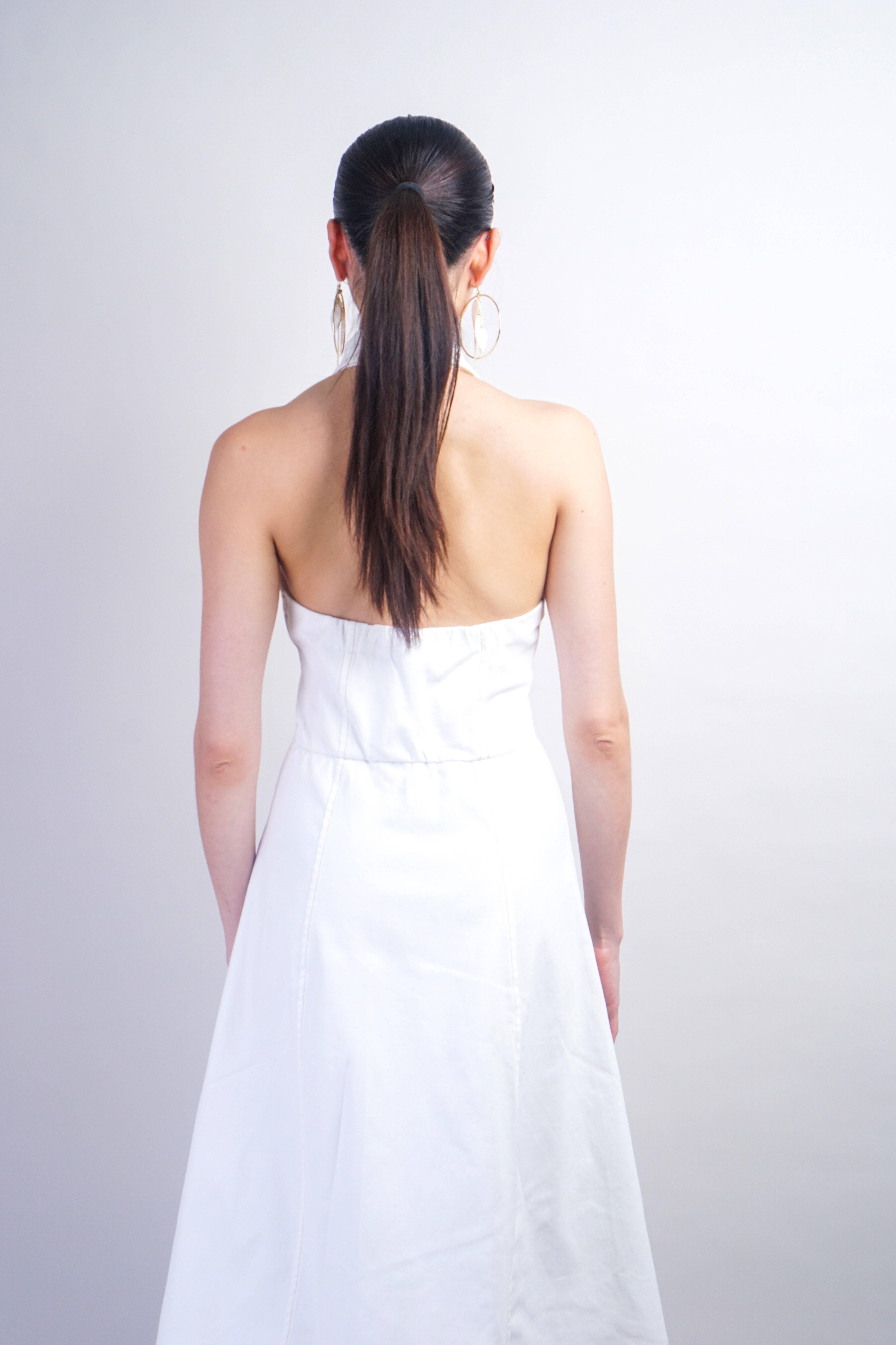 White Ruffle Trim Halter Collar Denim Dress with Belt