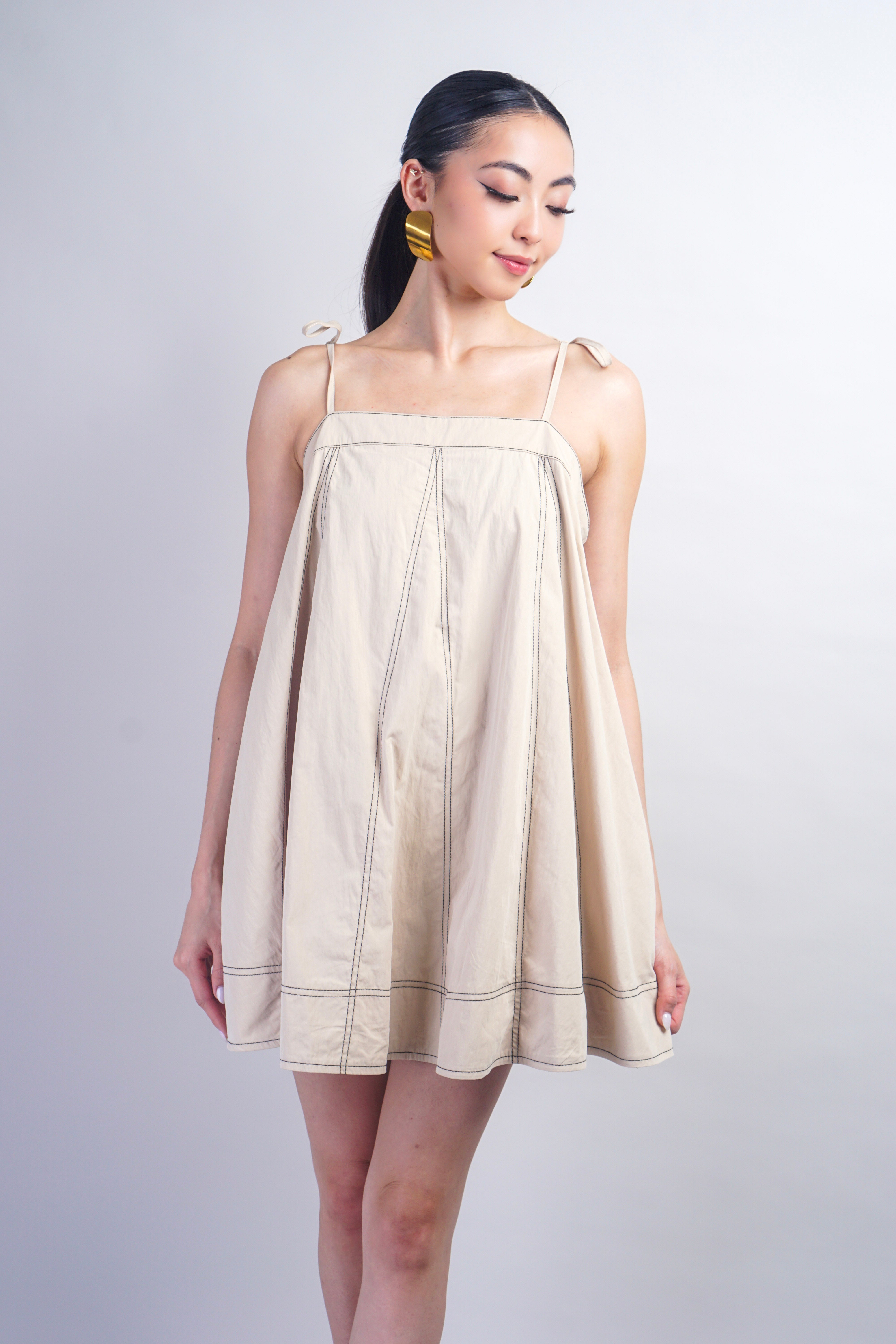 Taupe Black Top Stitch Trapeze Dress