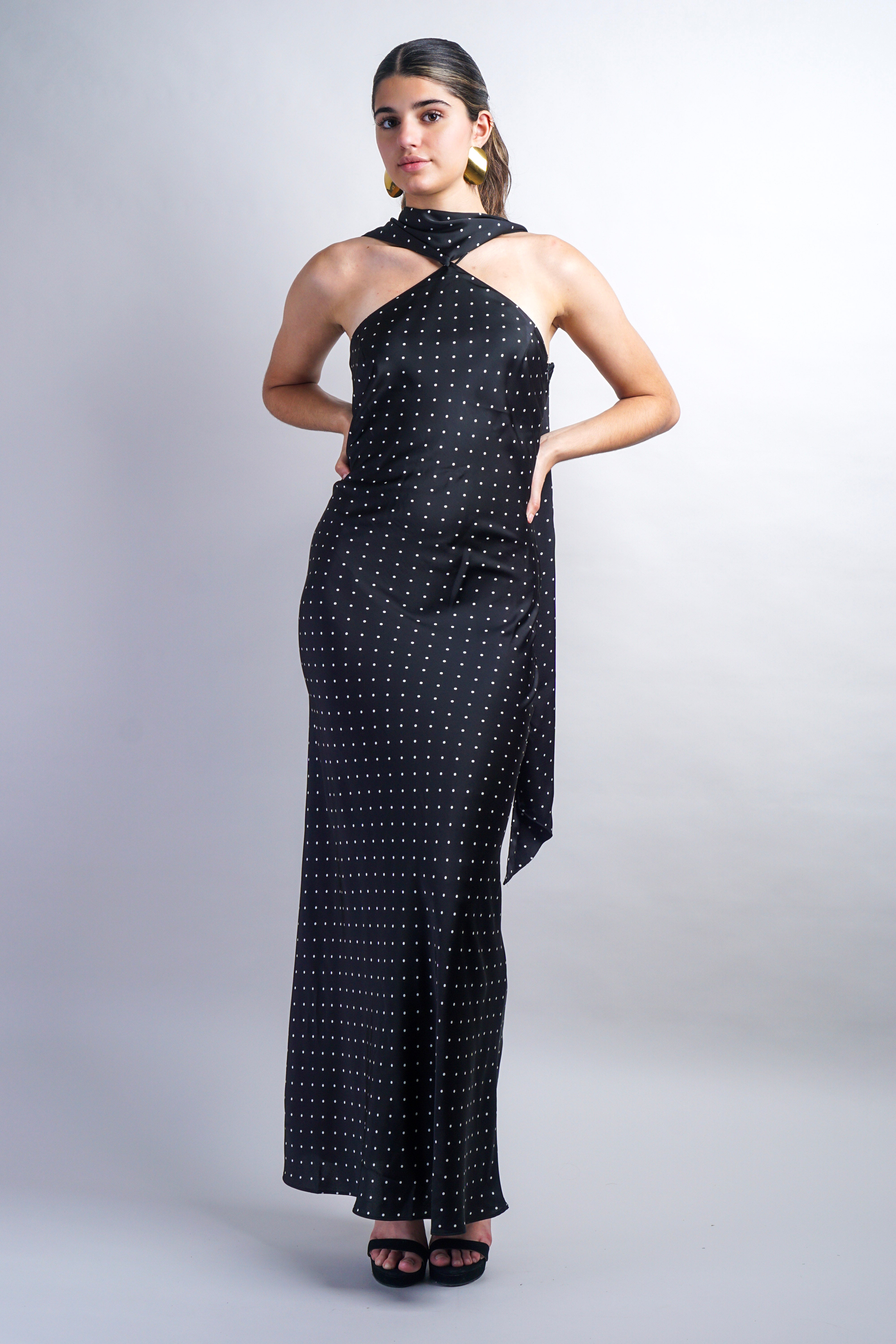 Black Magdalena Dress - Polka Dot Bias Maxi Dress With Scarf