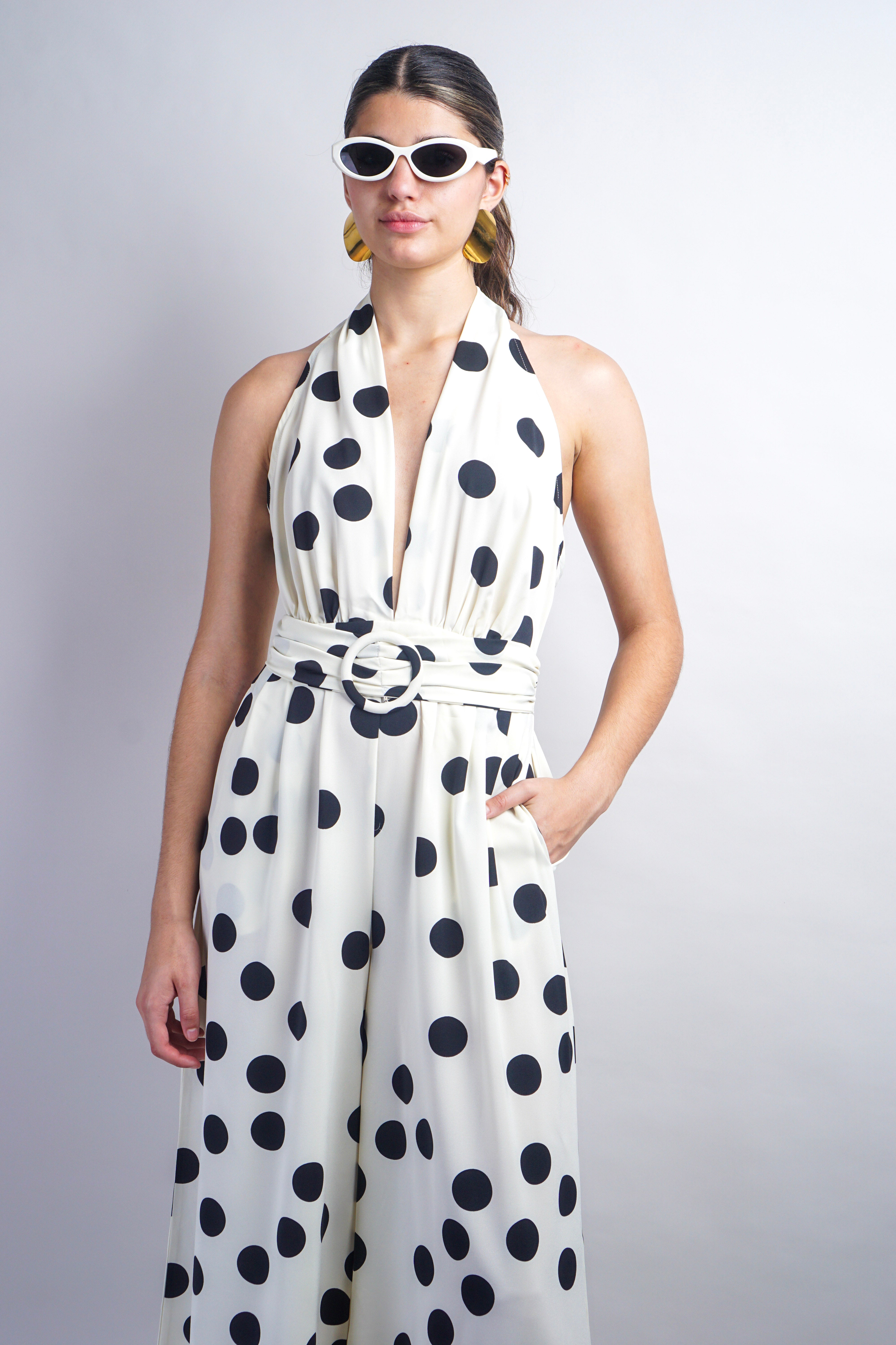 Polka Dot Halter Neck Waist Belt Jumpsuit
