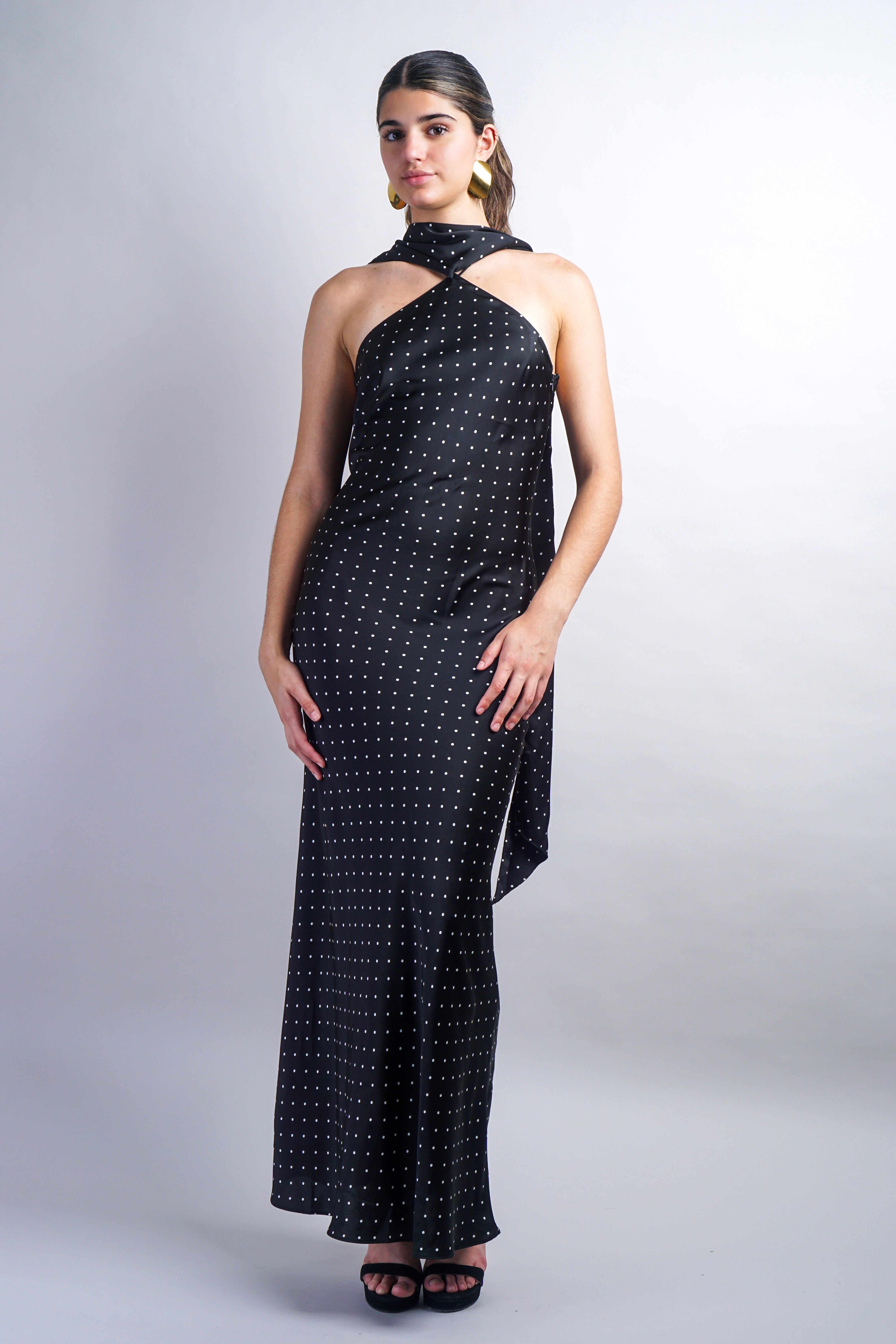 Black Magdalena Dress - Polka Dot Bias Maxi Dress With Scarf