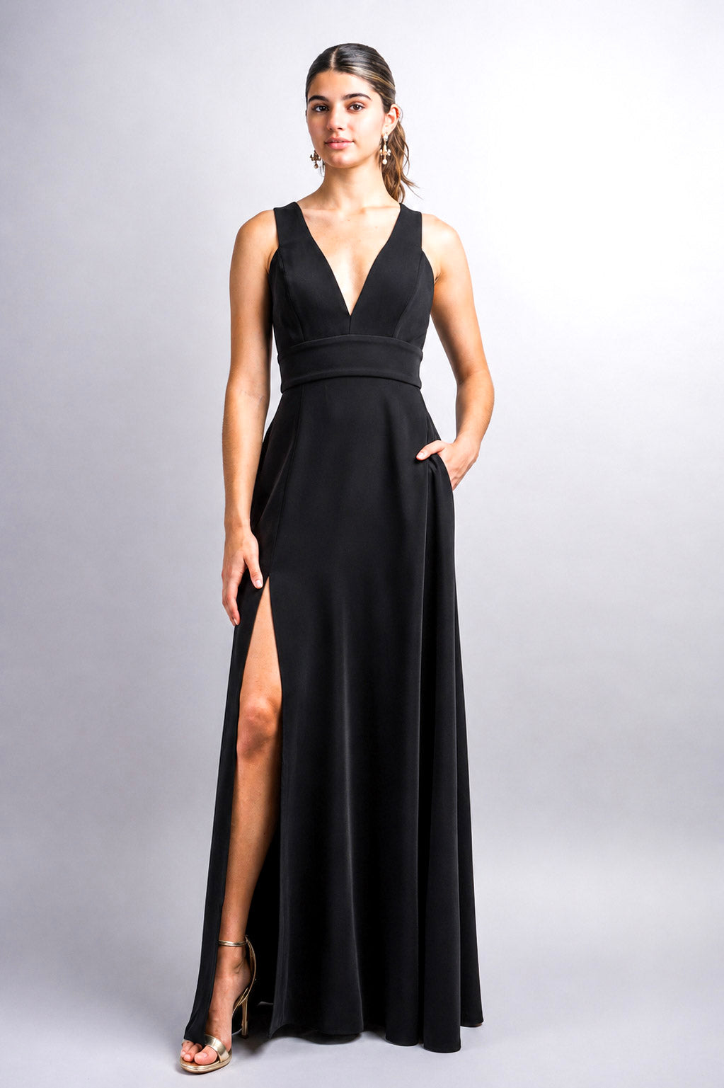 Black V Neck Front Slit Soraya Gown