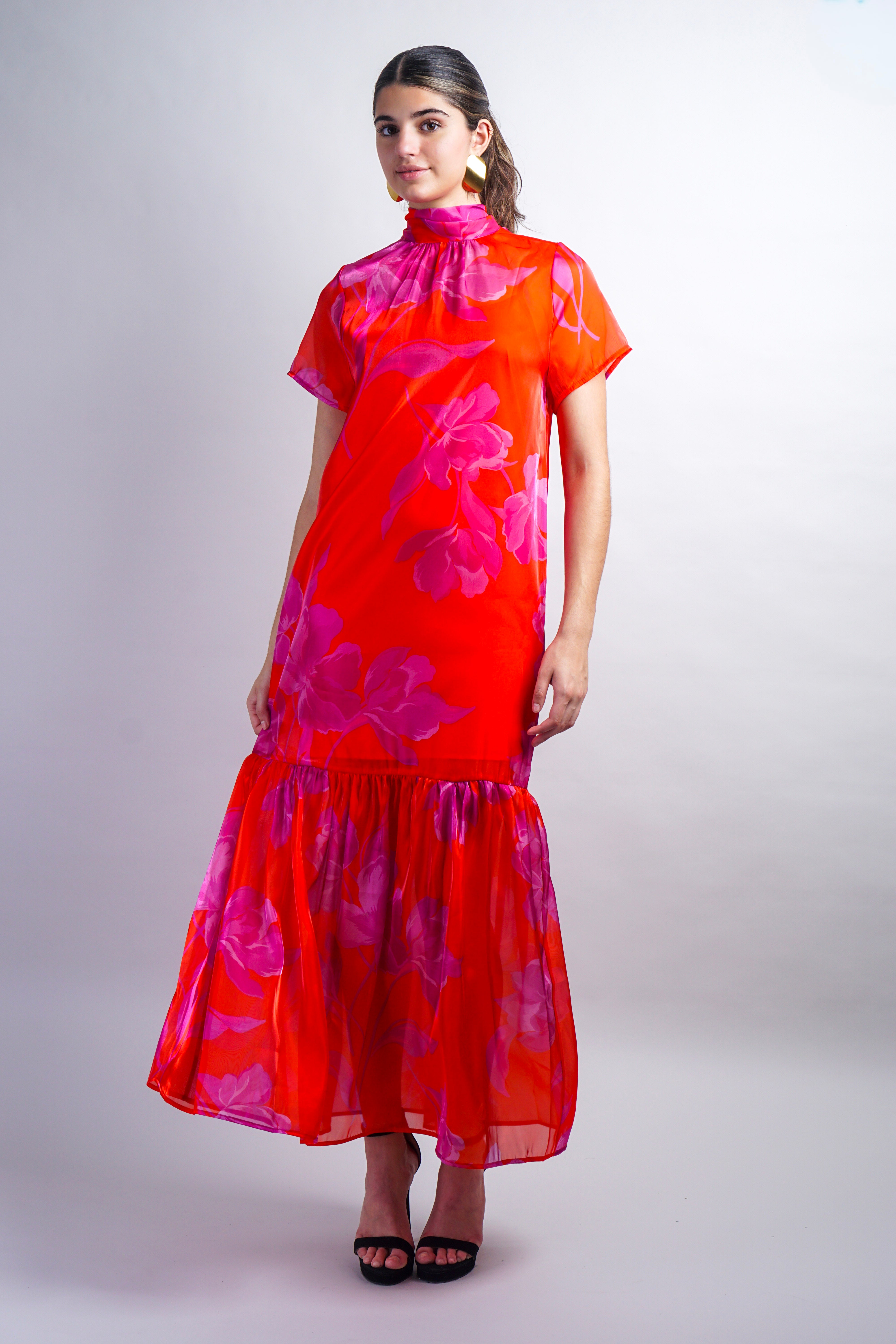 Red-Fuchsia Organza Mock Neck Maxi Dress