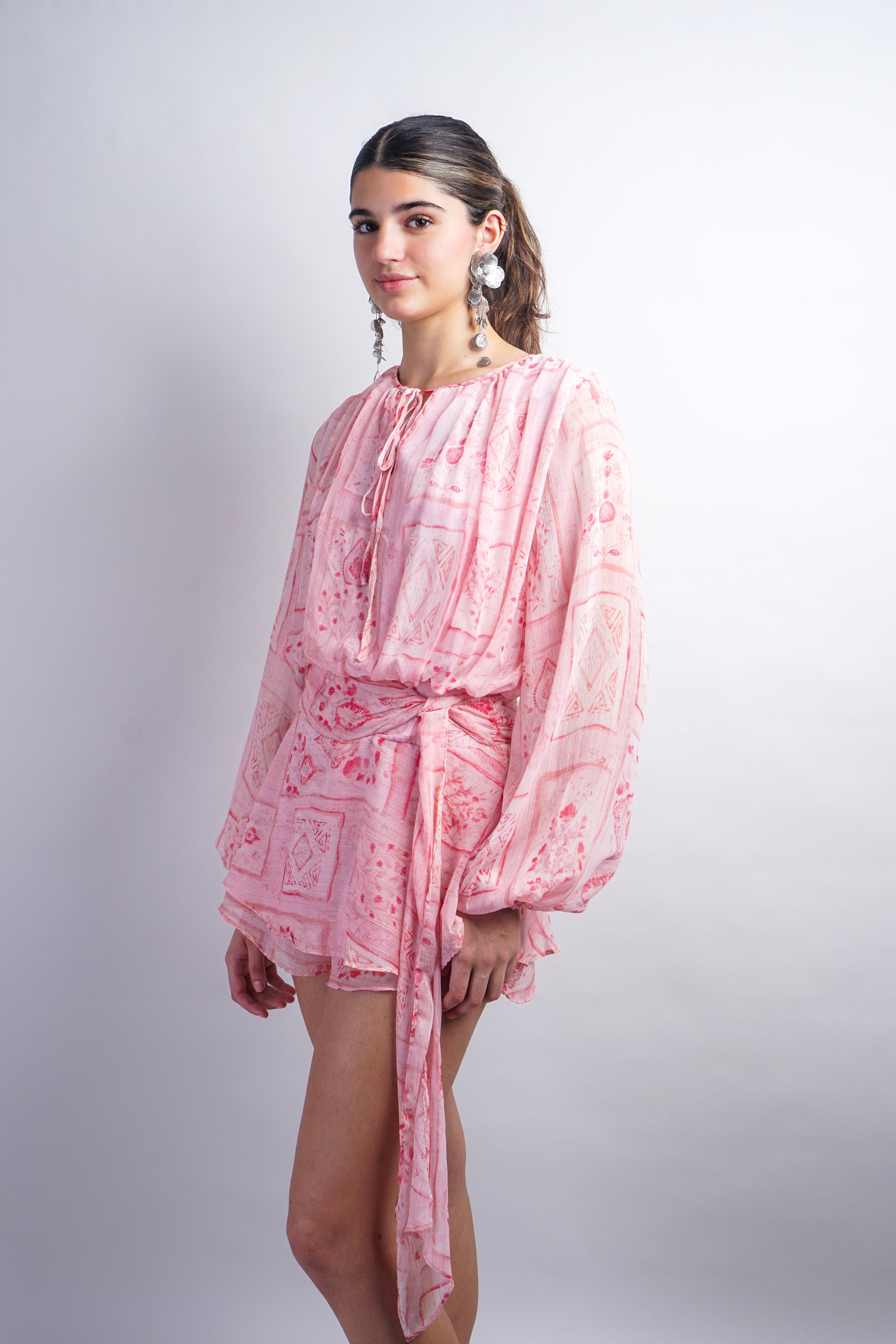 Pink Printed Long Sleeve Tied Romper
