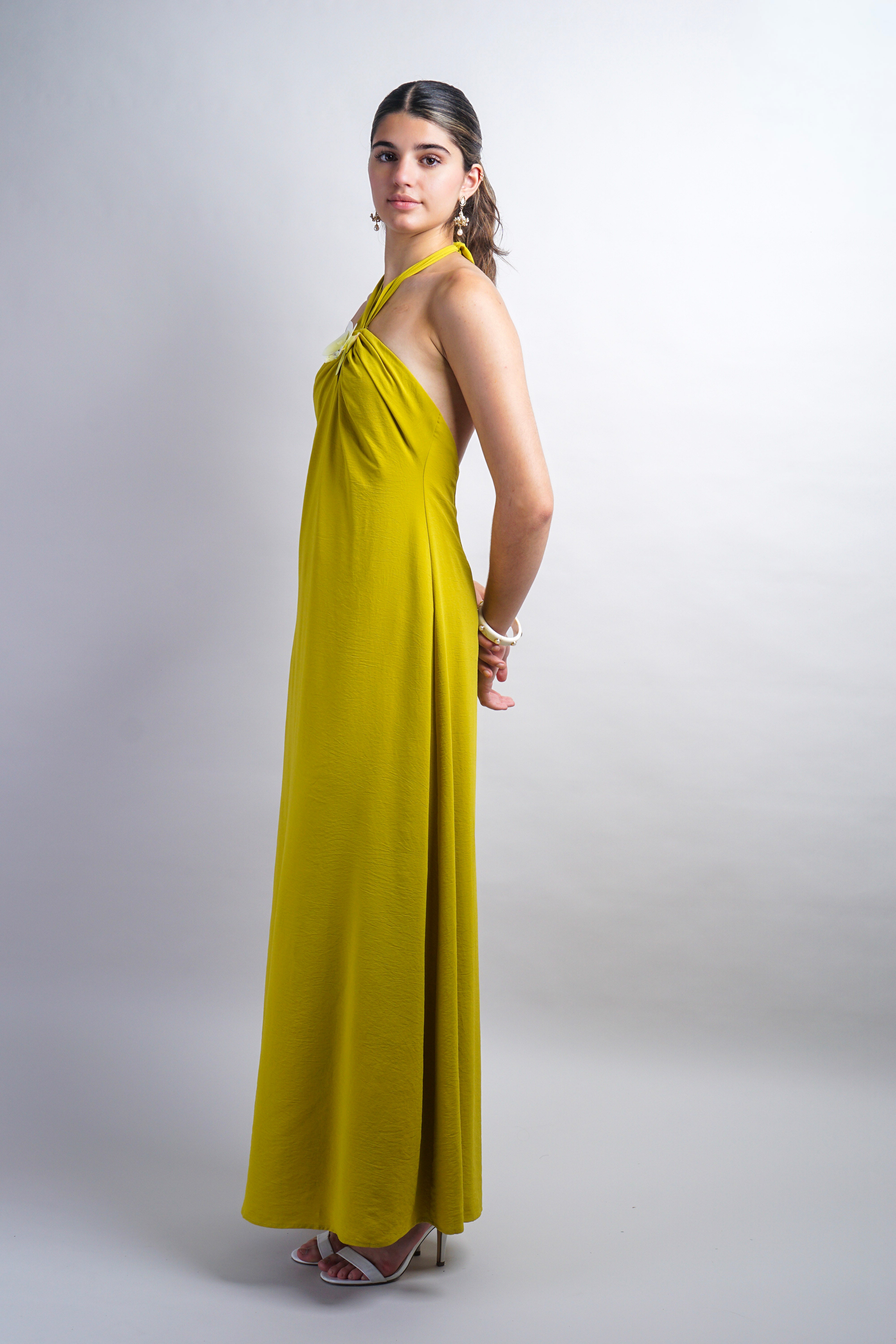 Citron Orchid Flower Neck Detail Maxi Dress