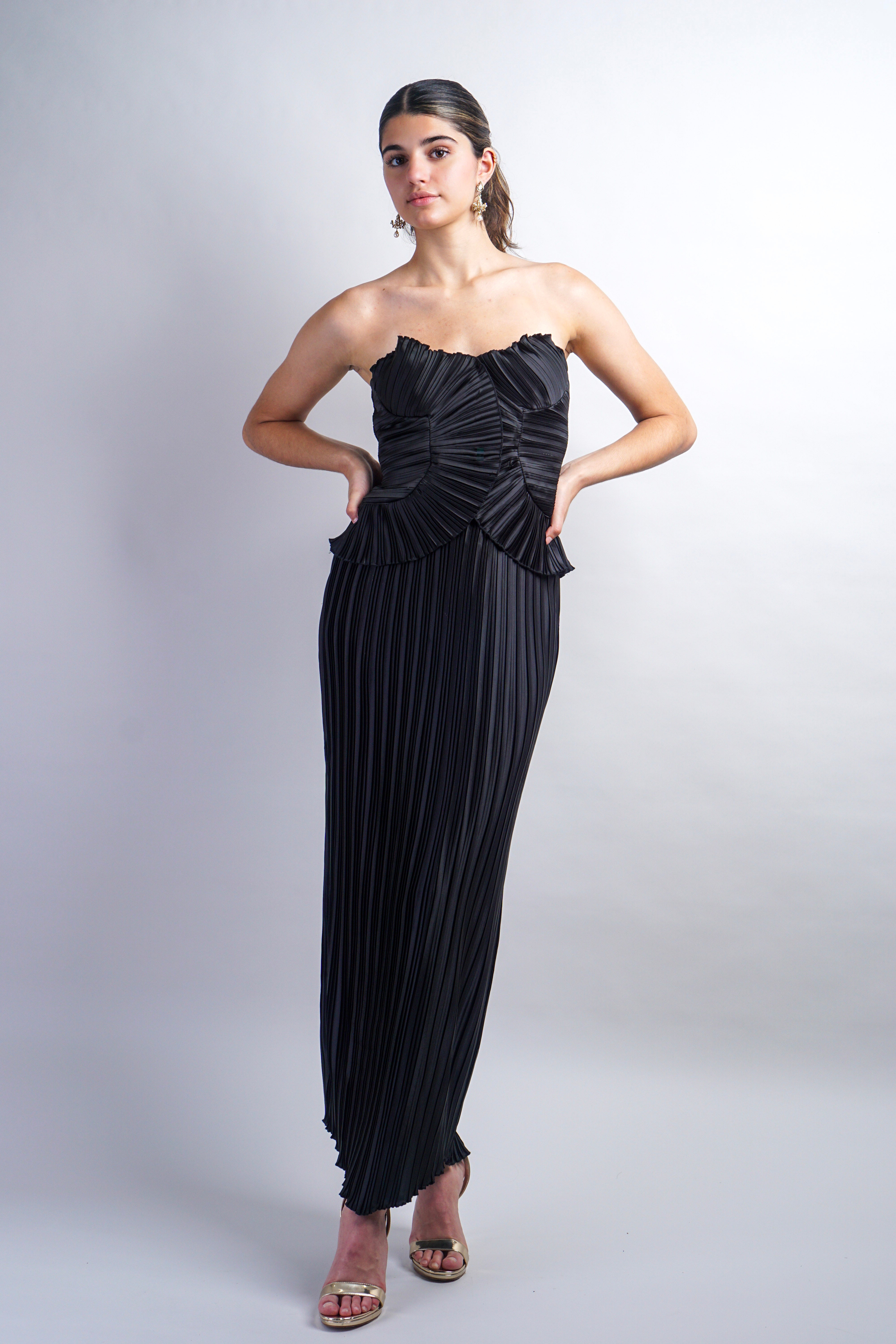 Black Pleated Ruffle Strapless Top and Pencil Skirt Set