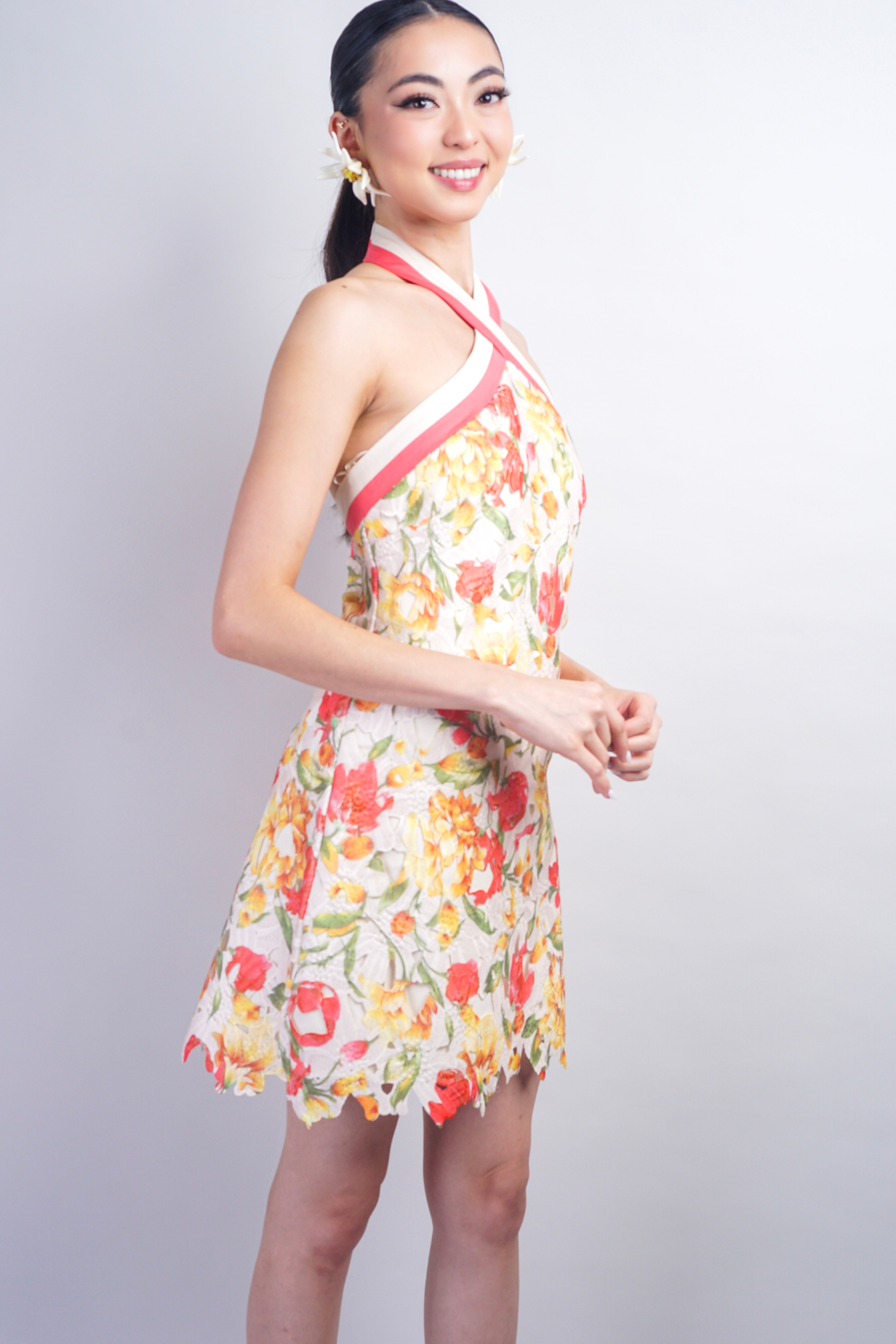 Ivory Coral Stripe Halter Yellow Floral Guipure Lace Dress