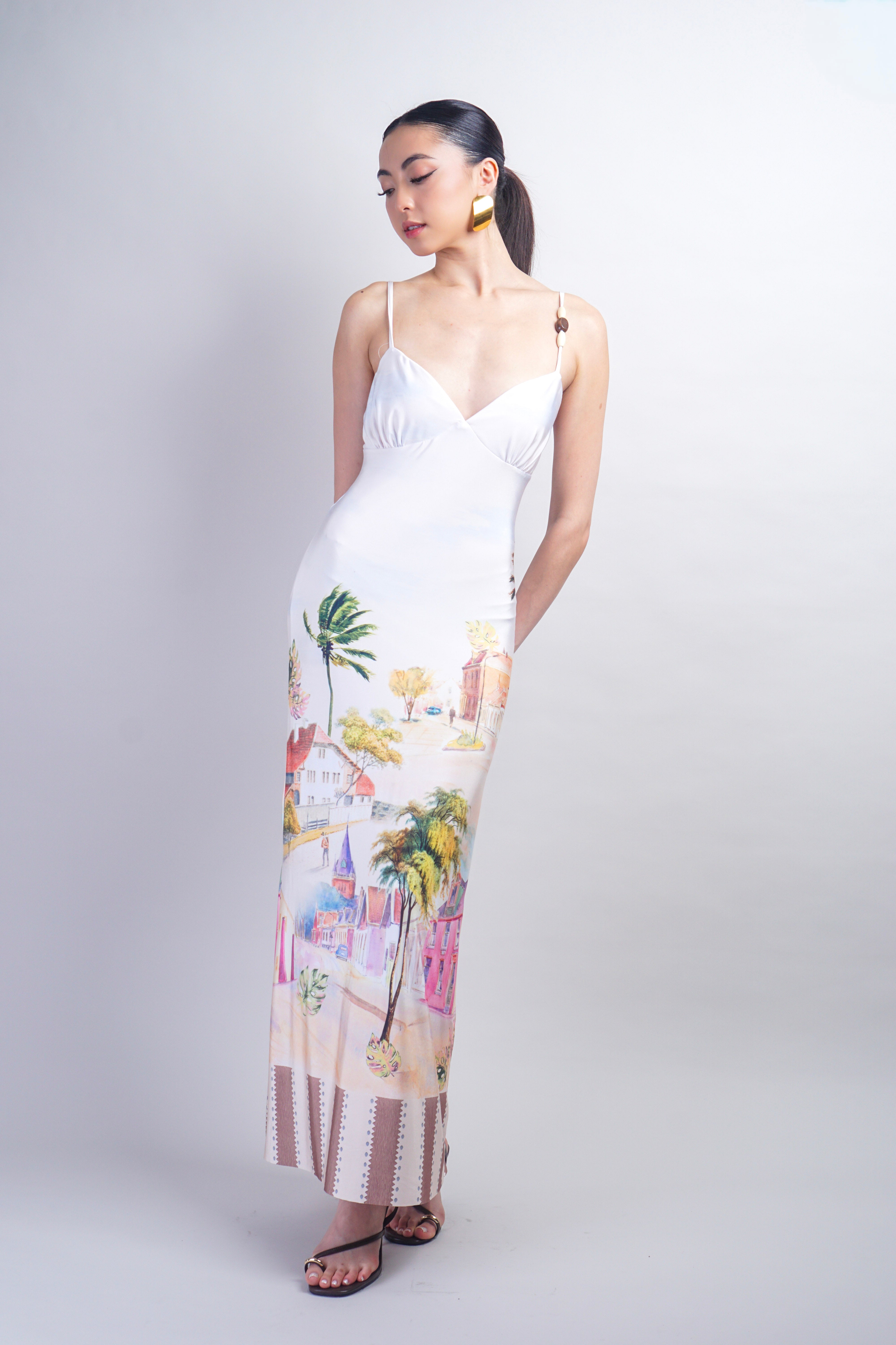 Ivory Tropical Print Knit with Beads Maxi Dress