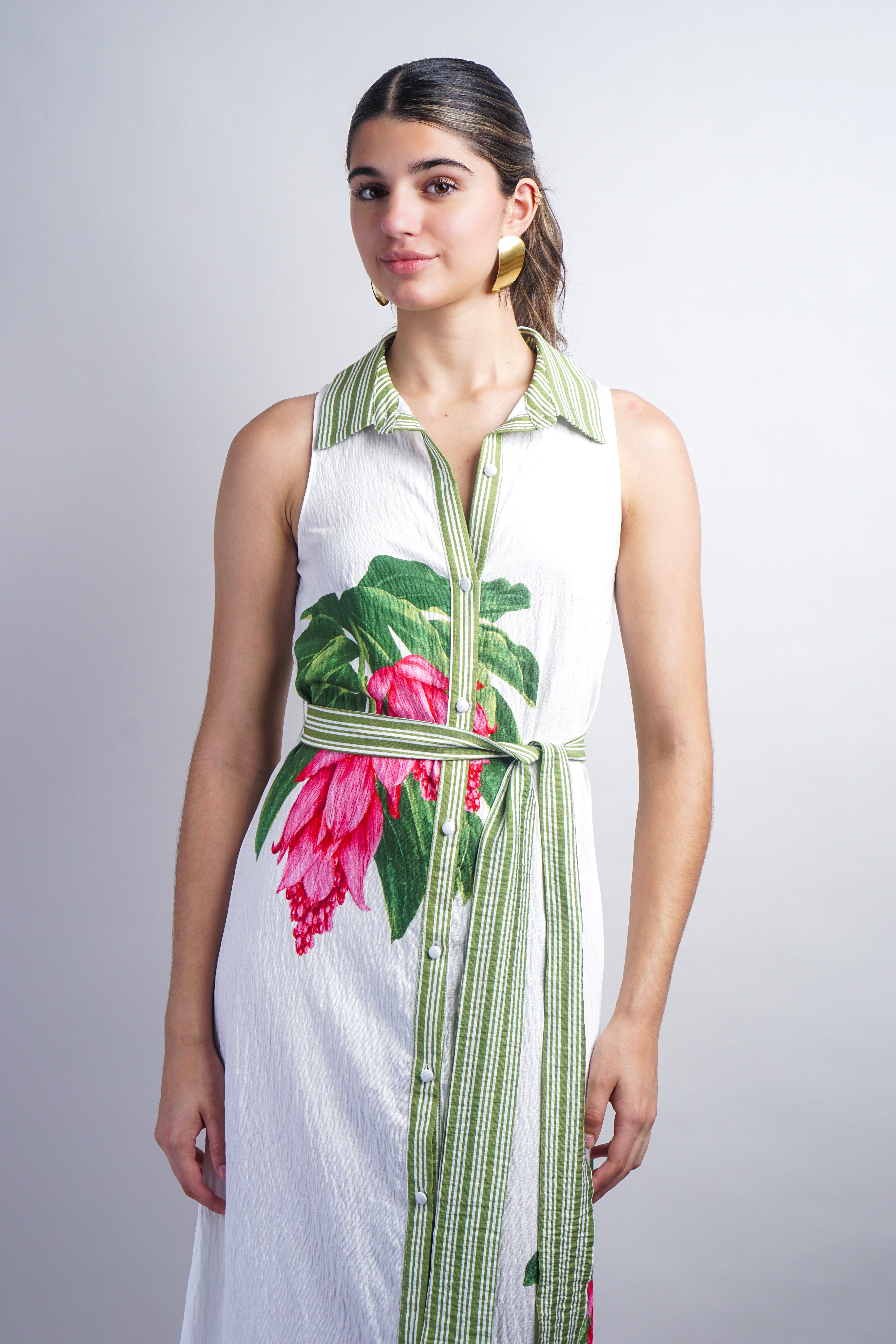 Green Ivory Stripe Pink Flower Shirt Dress