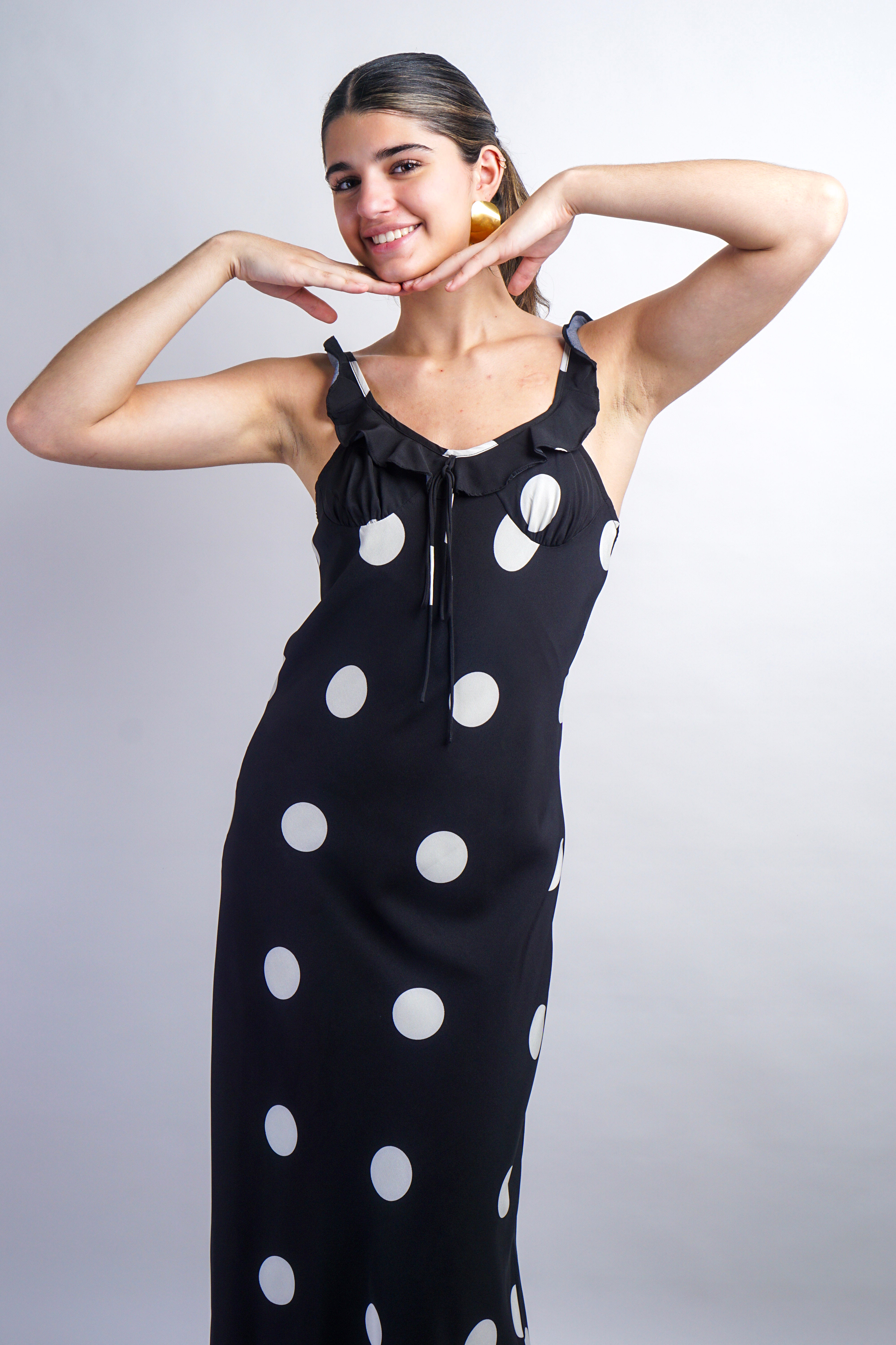 Black Piper Dress - Satin Midi Slip Dress In Dot