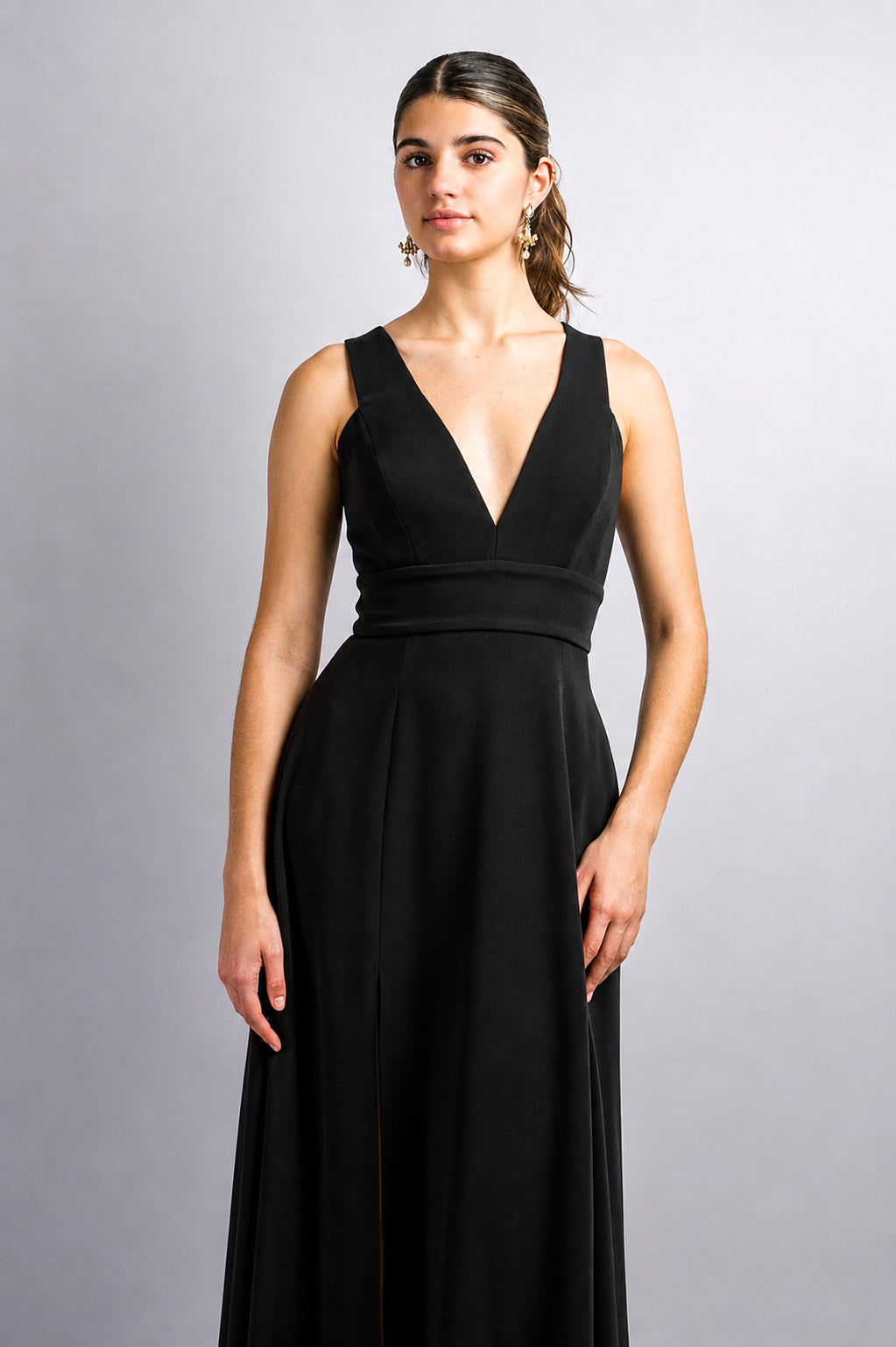 Black V Neck Front Slit Soraya Gown