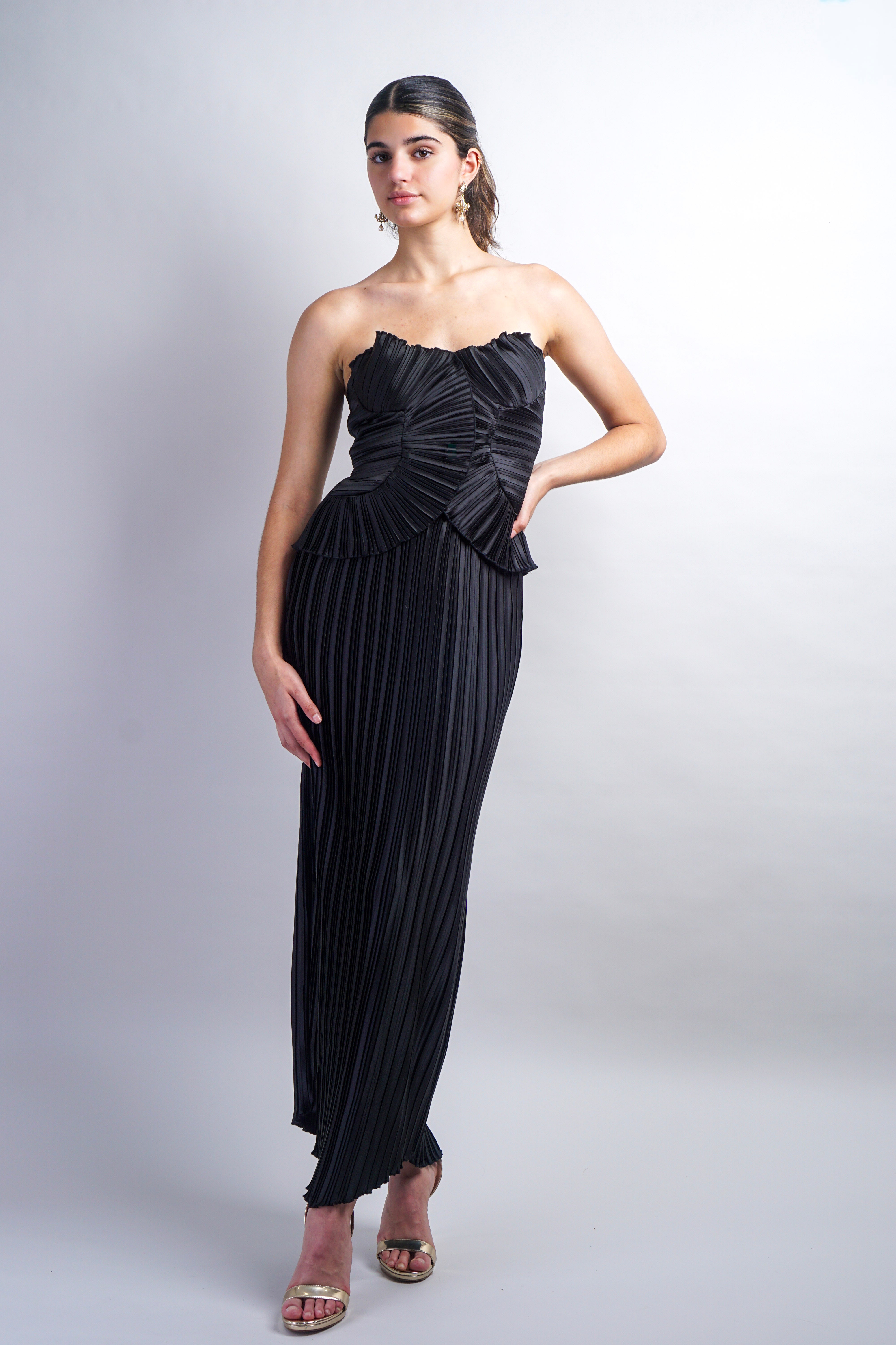 Black Pleated Ruffle Strapless Top and Pencil Skirt Set