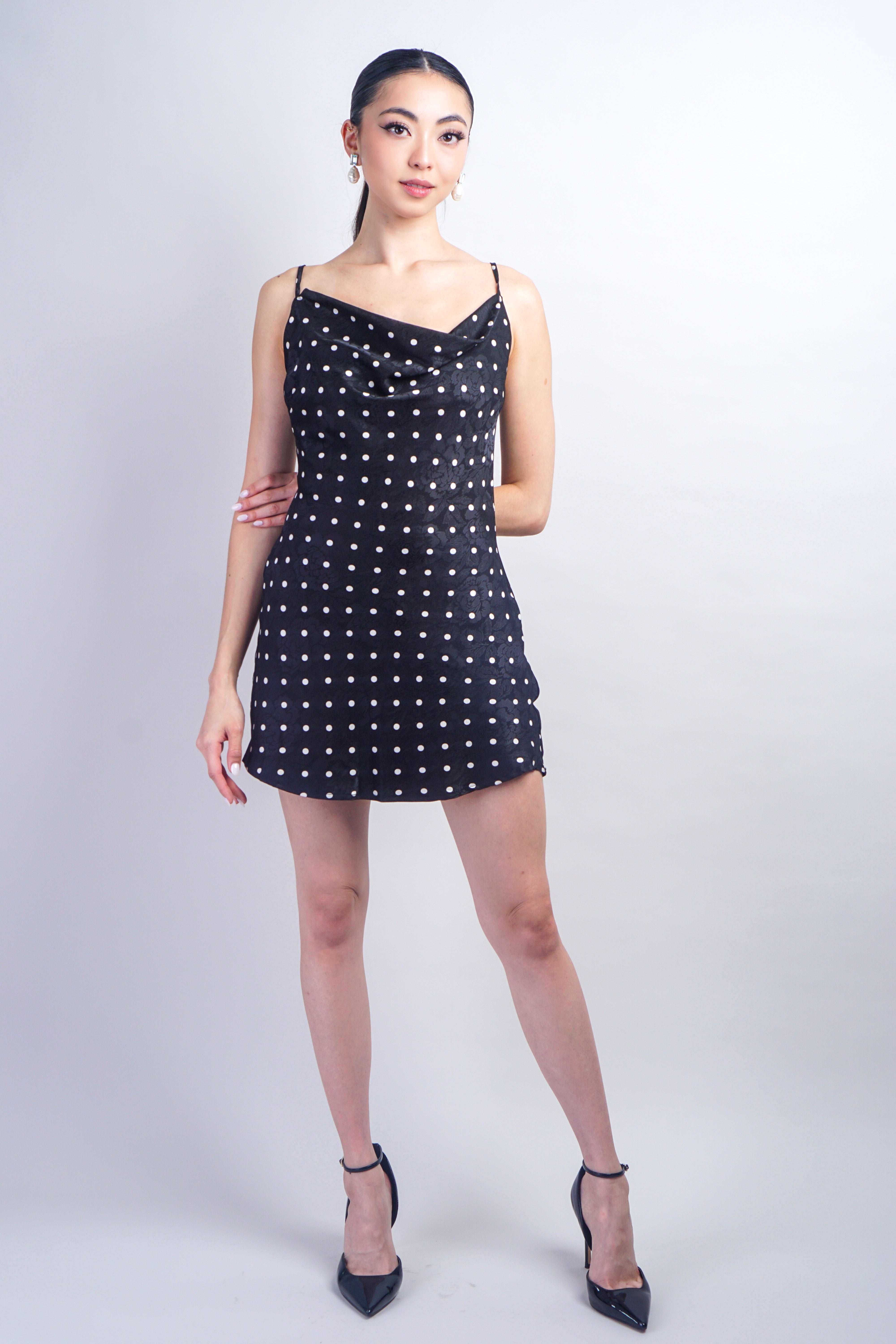 Black Floral Polka Dot Cowl Neck Bias Mini Dress