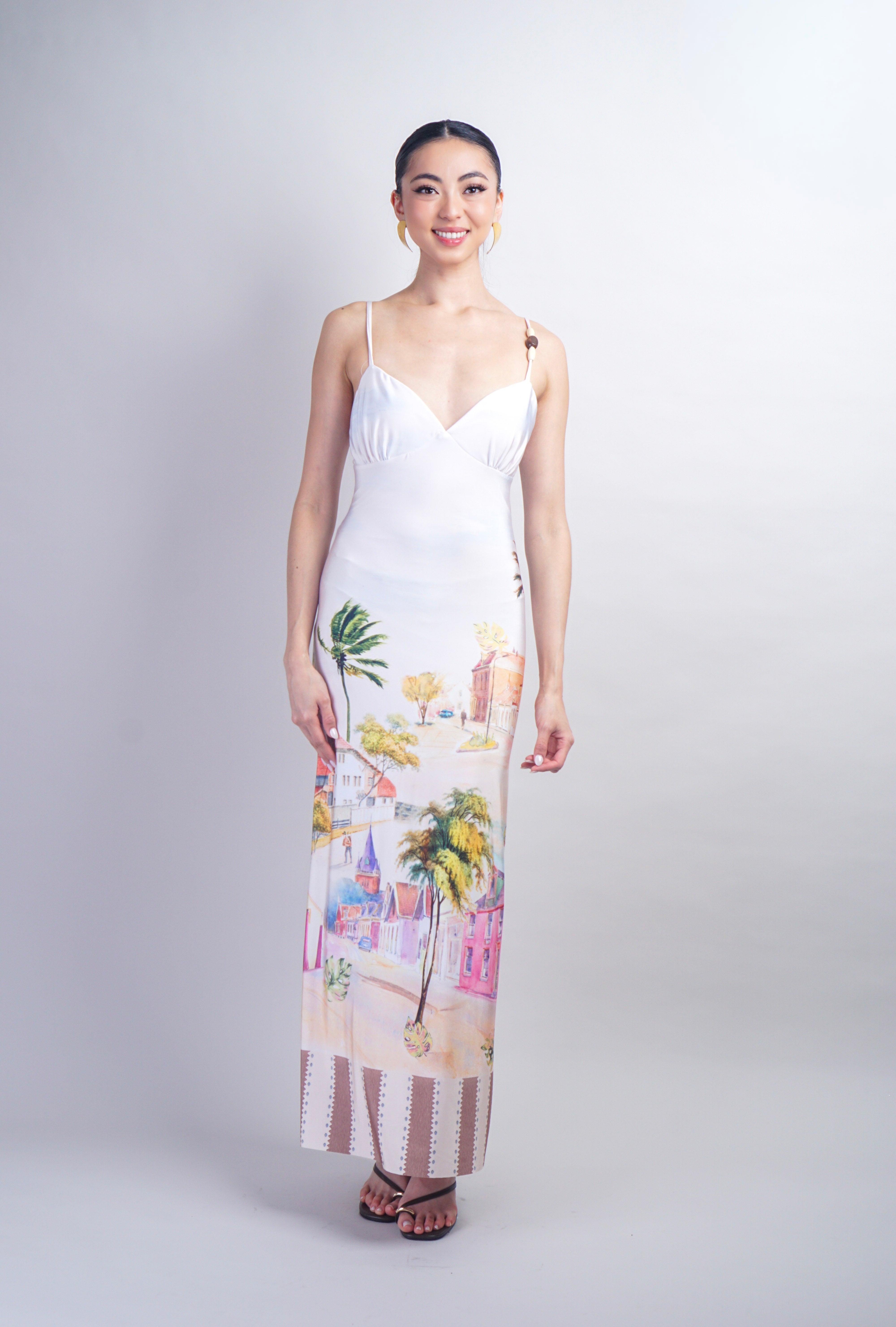 Ivory Tropical Print Knit with Beads Maxi Dress