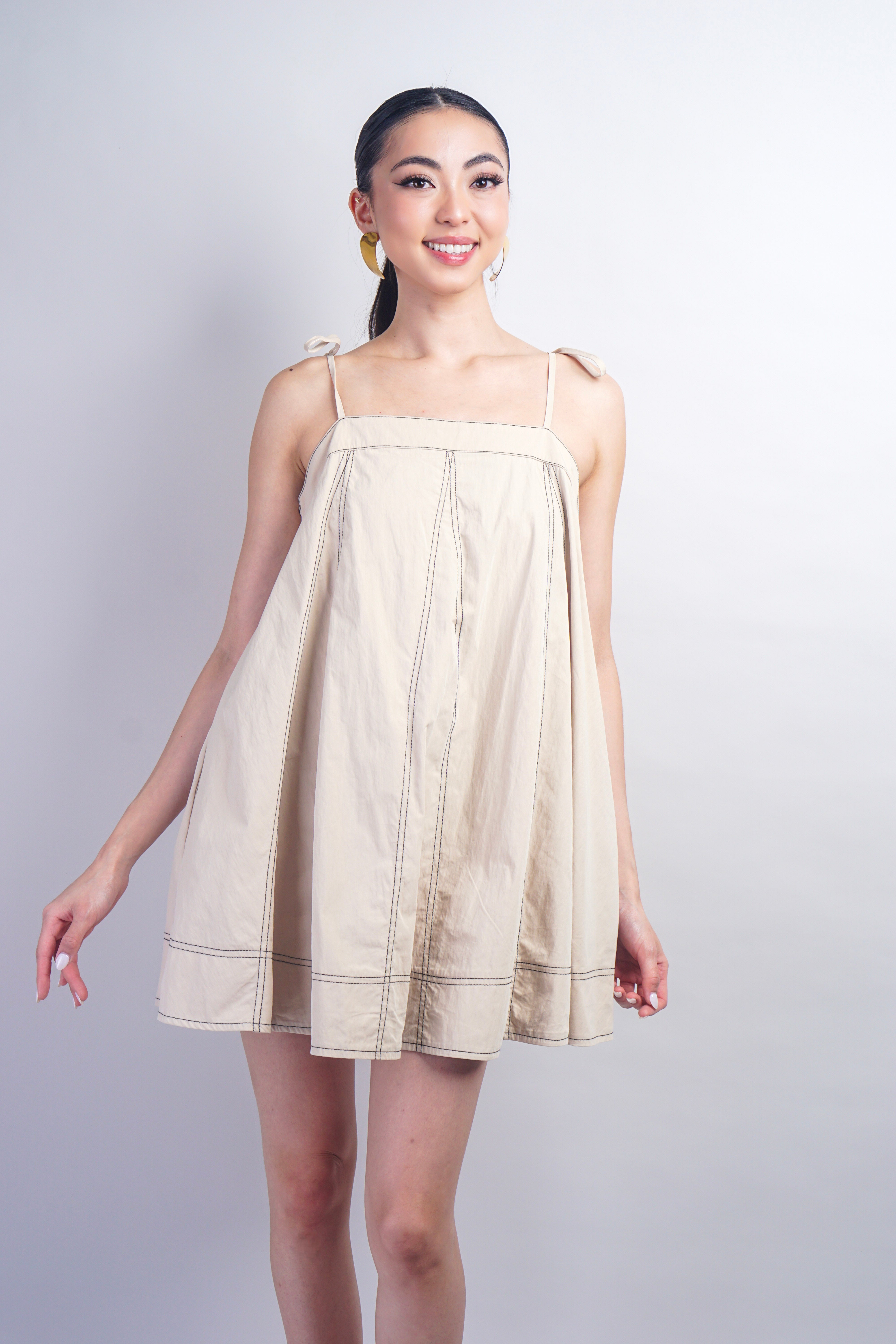 Taupe Black Top Stitch Trapeze Dress