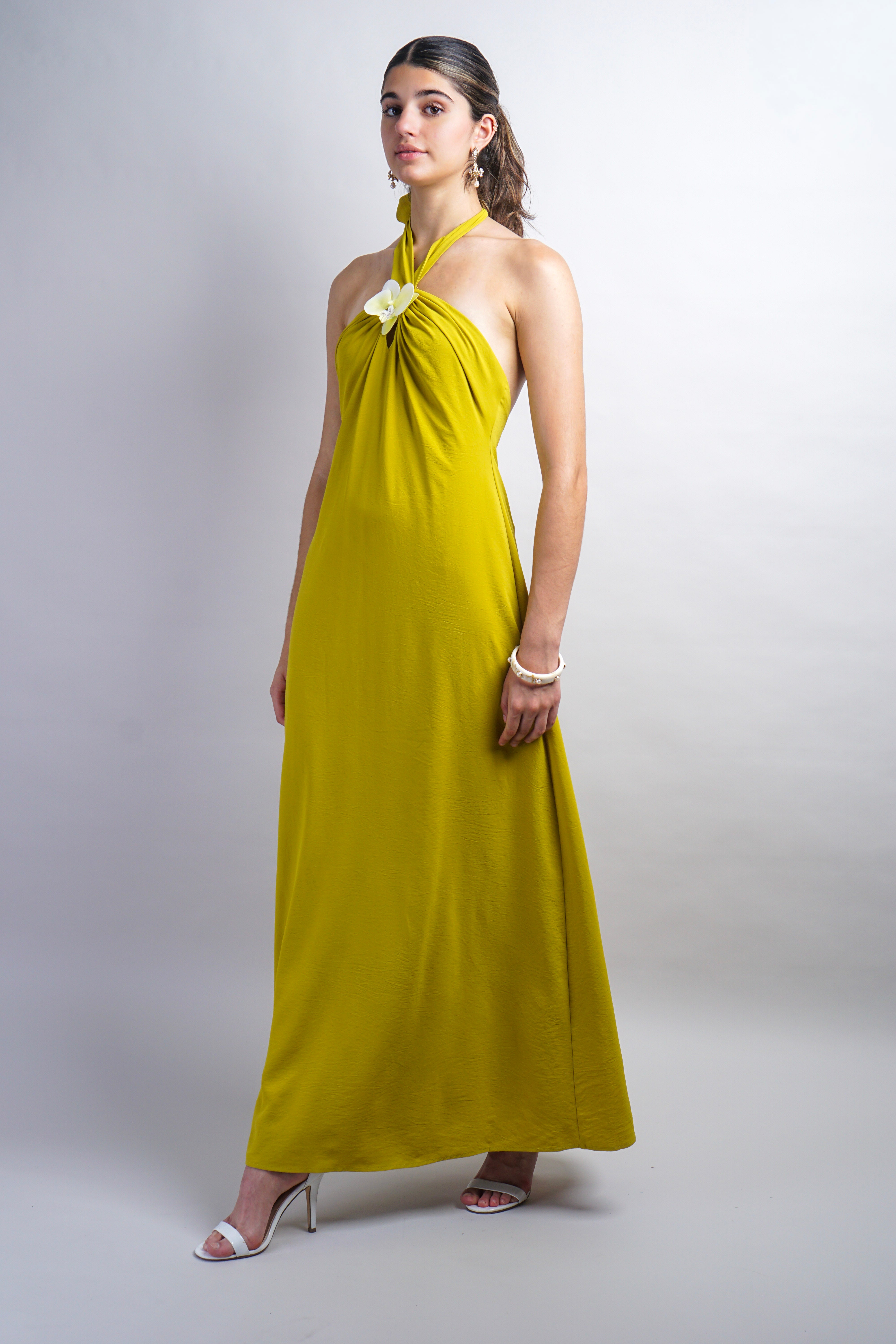 Citron Orchid Flower Neck Detail Maxi Dress