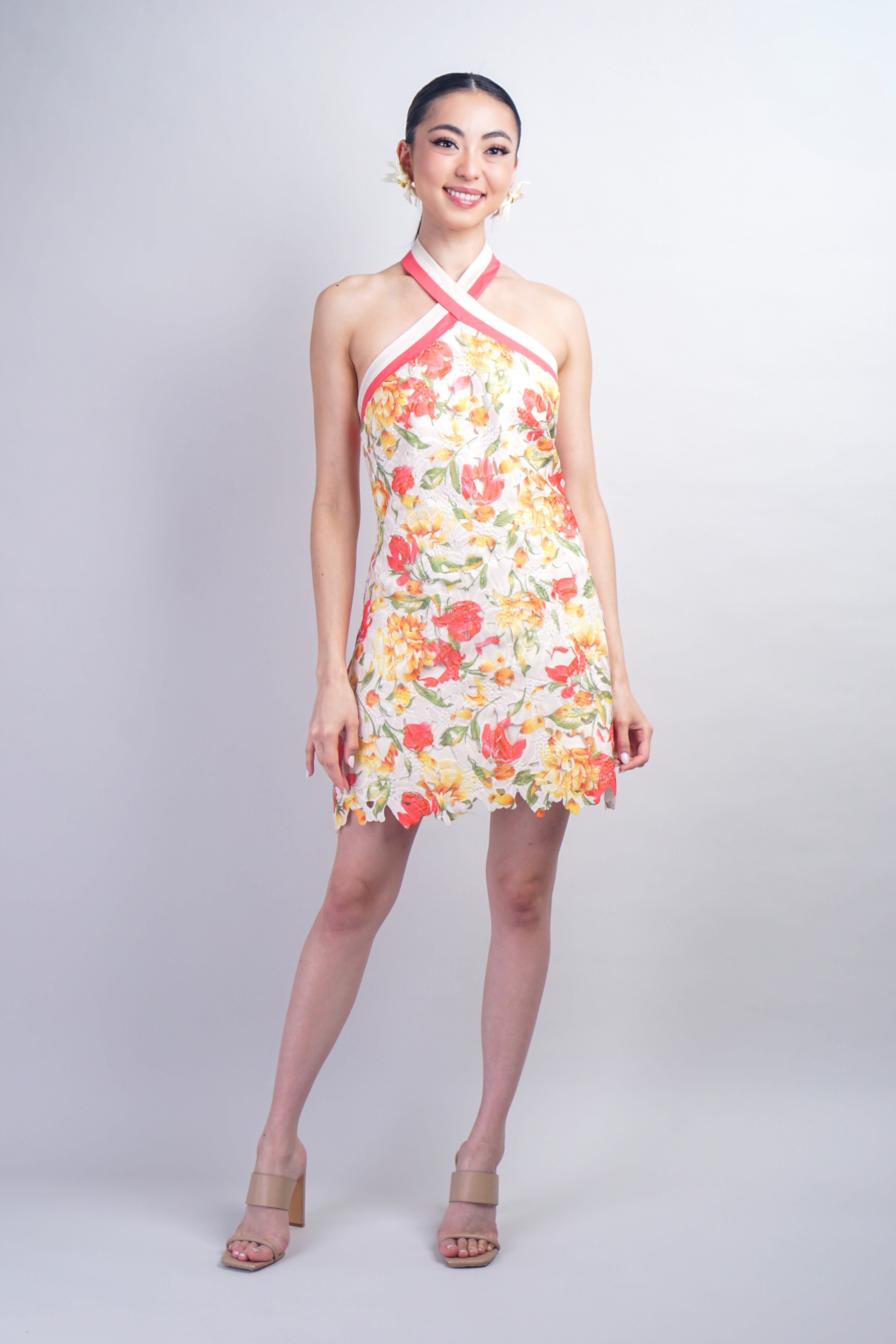 Ivory Coral Stripe Halter Yellow Floral Guipure Lace Dress