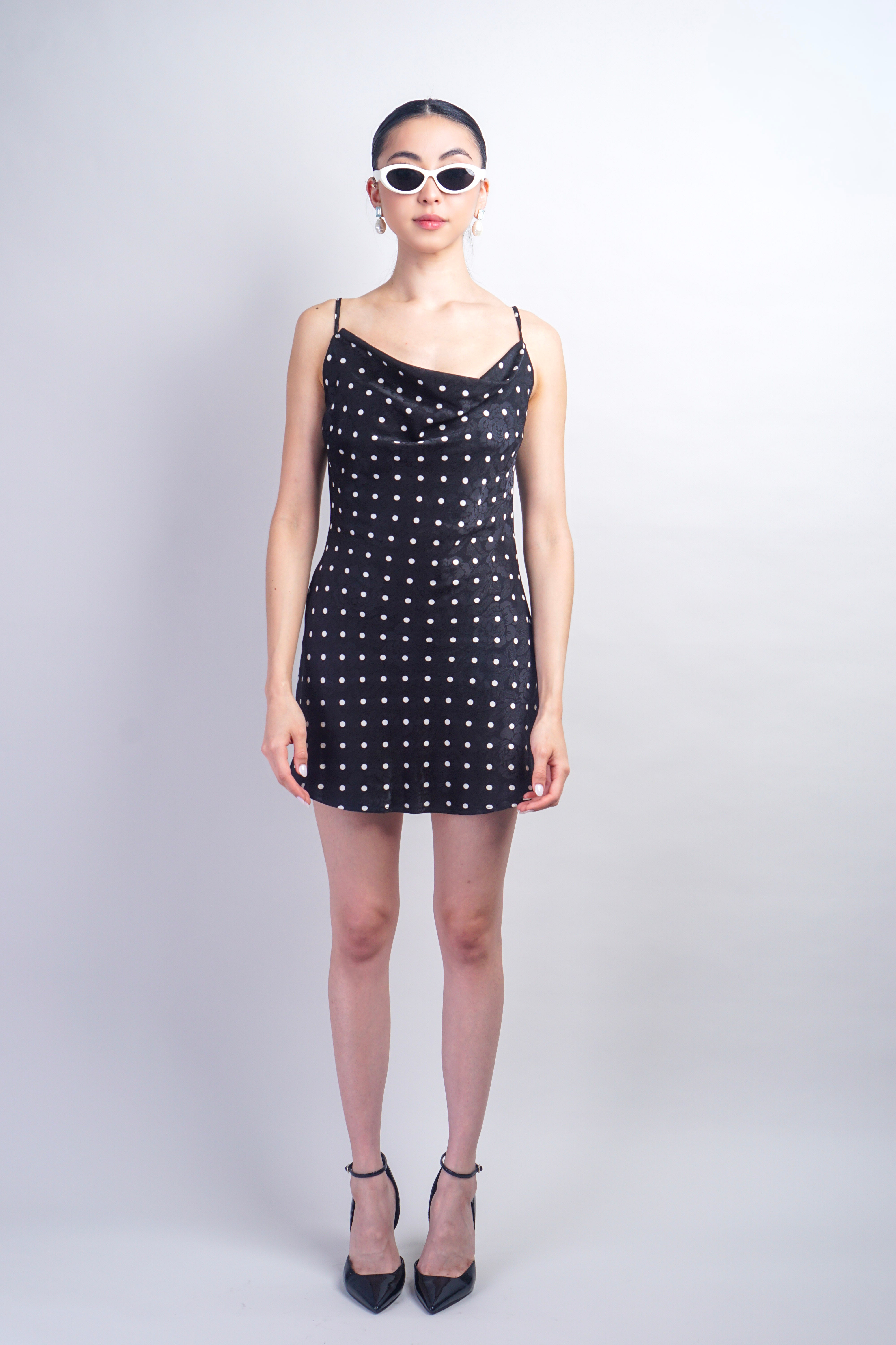 Black Floral Polka Dot Cowl Neck Bias Mini Dress
