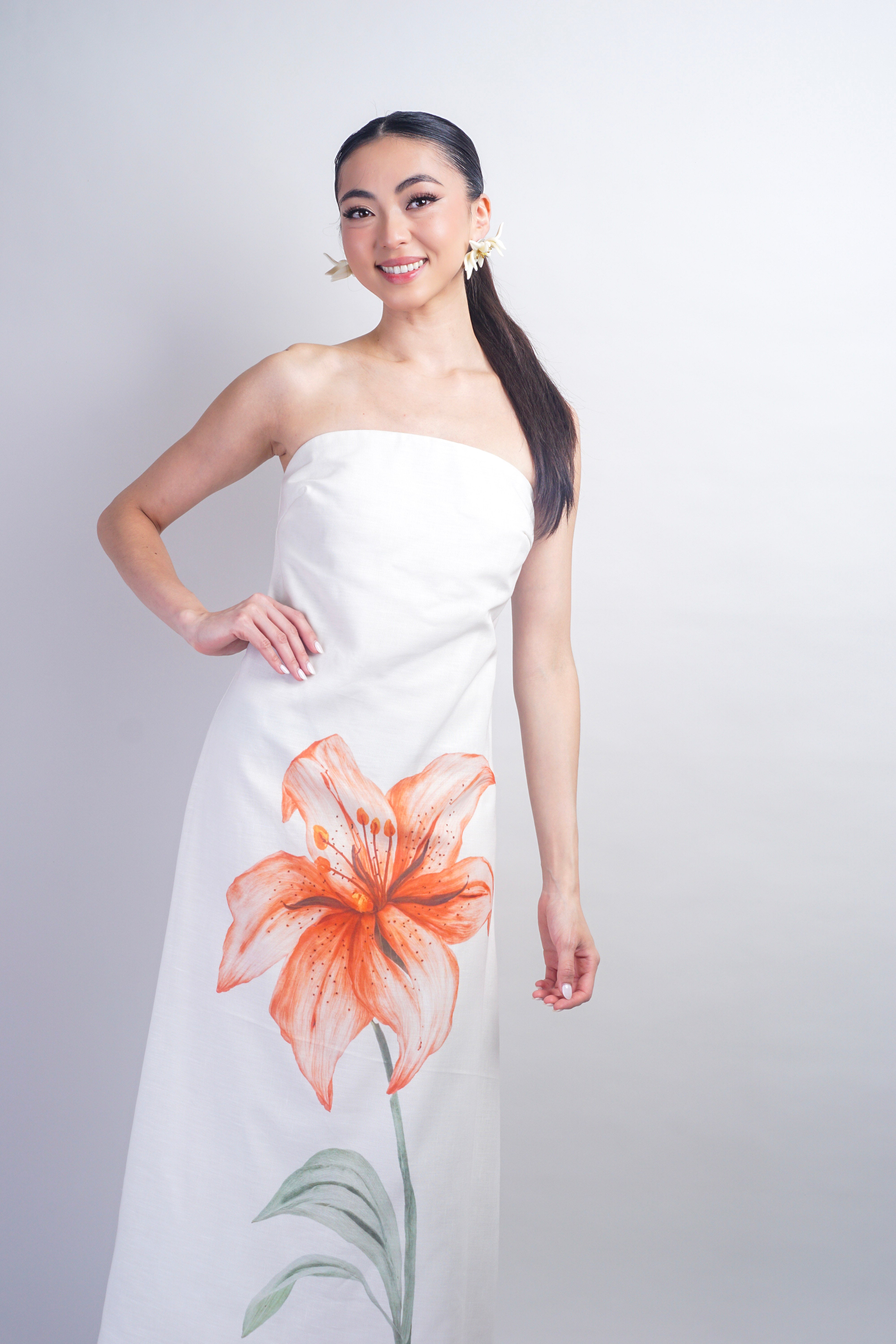 Ivory Strapless Flower Linen Maxi Dress