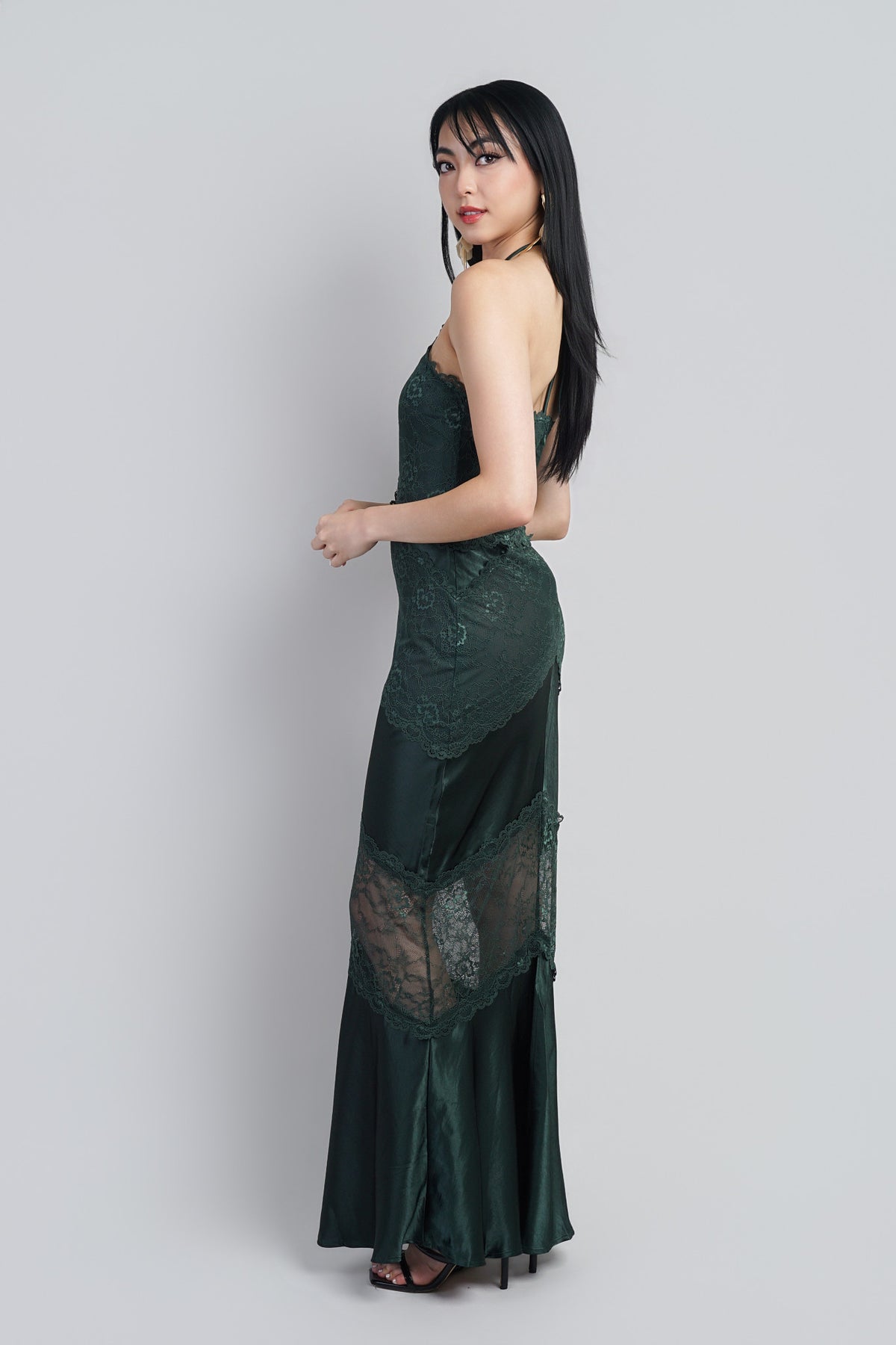 Dark Green Halter Lace Satin Chevron Gown