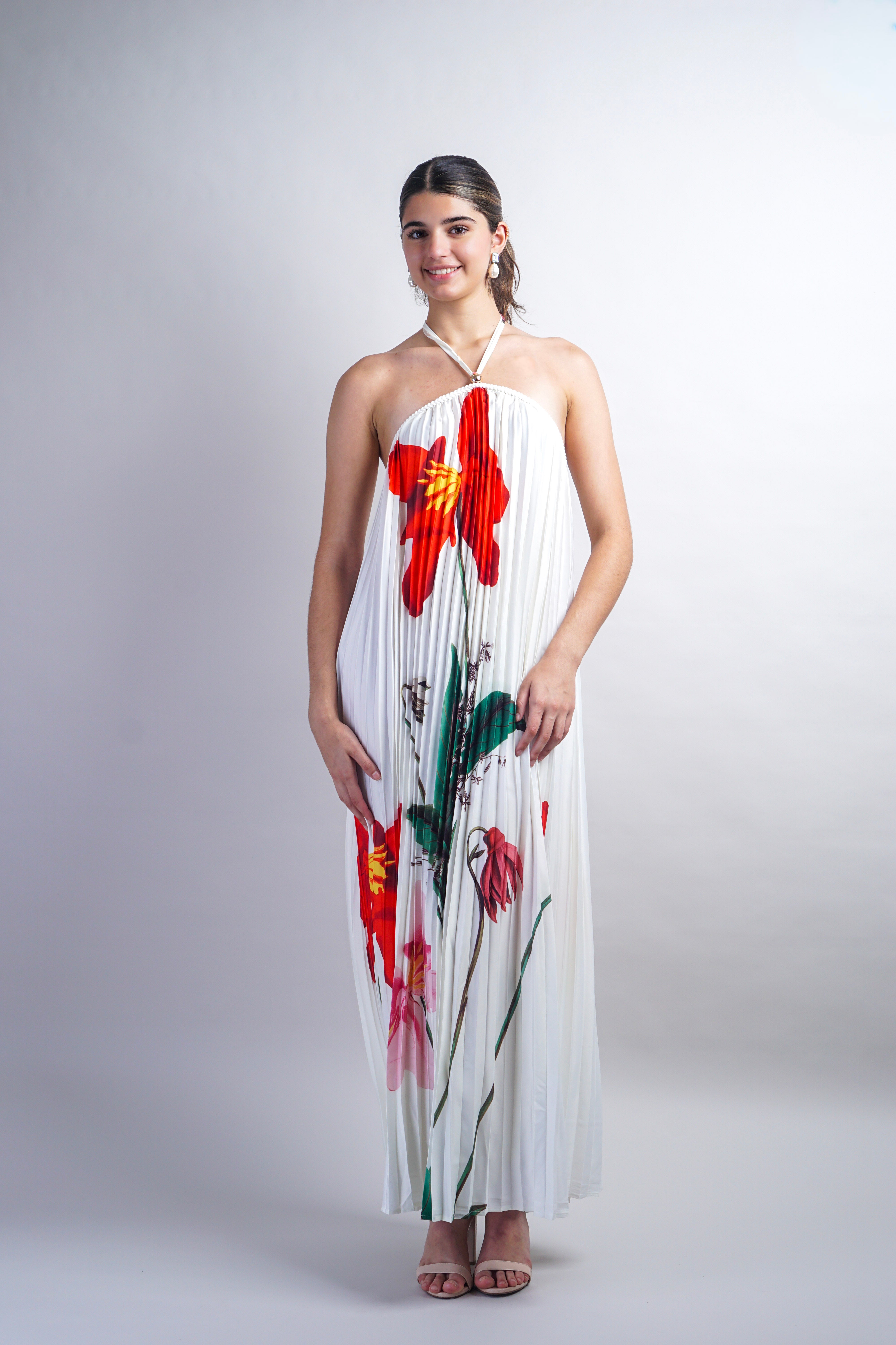 Off White Printed Braid String Halter Pleated Dress