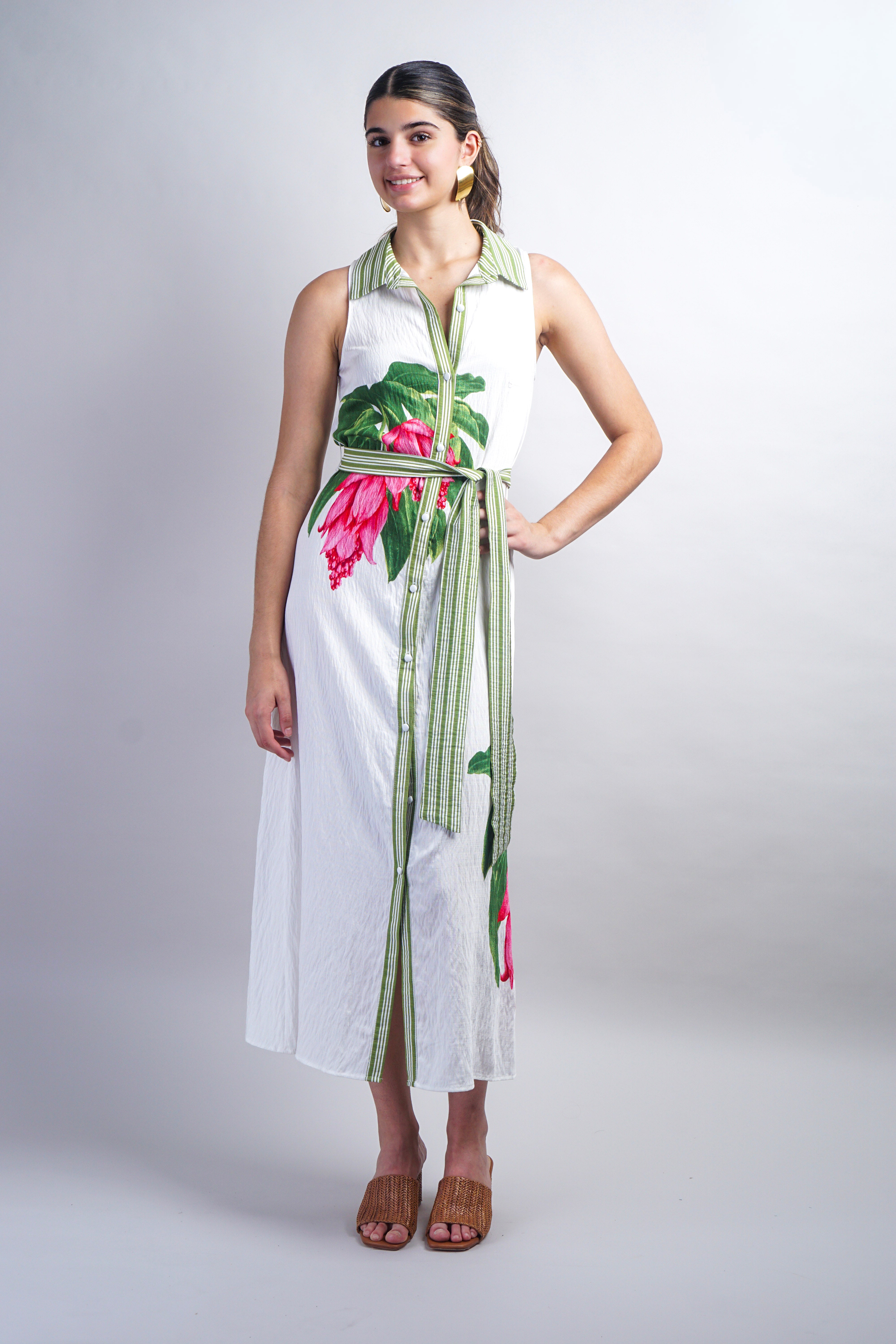 Green Ivory Stripe Pink Flower Shirt Dress