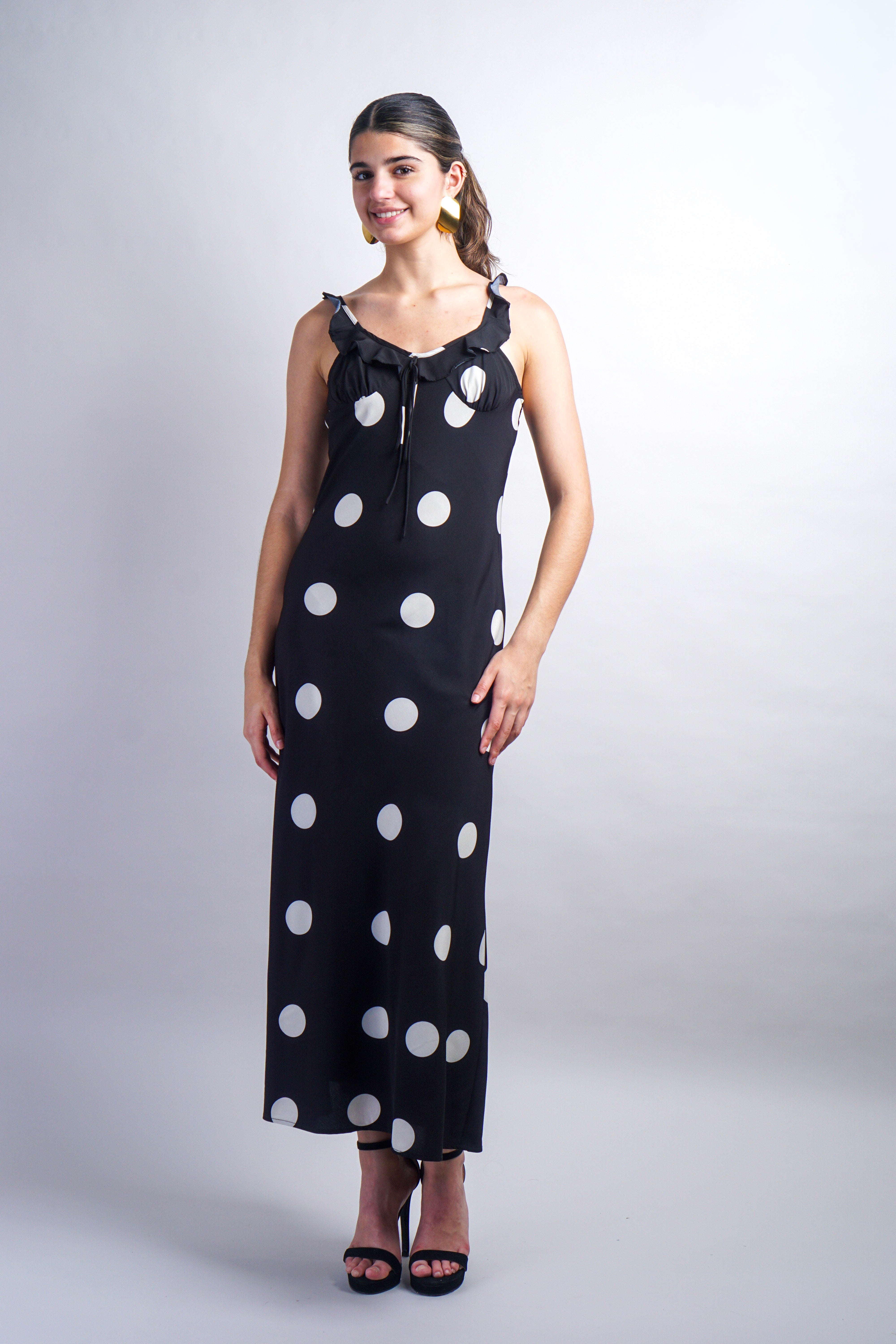 Black Piper Dress - Satin Midi Slip Dress In Dot