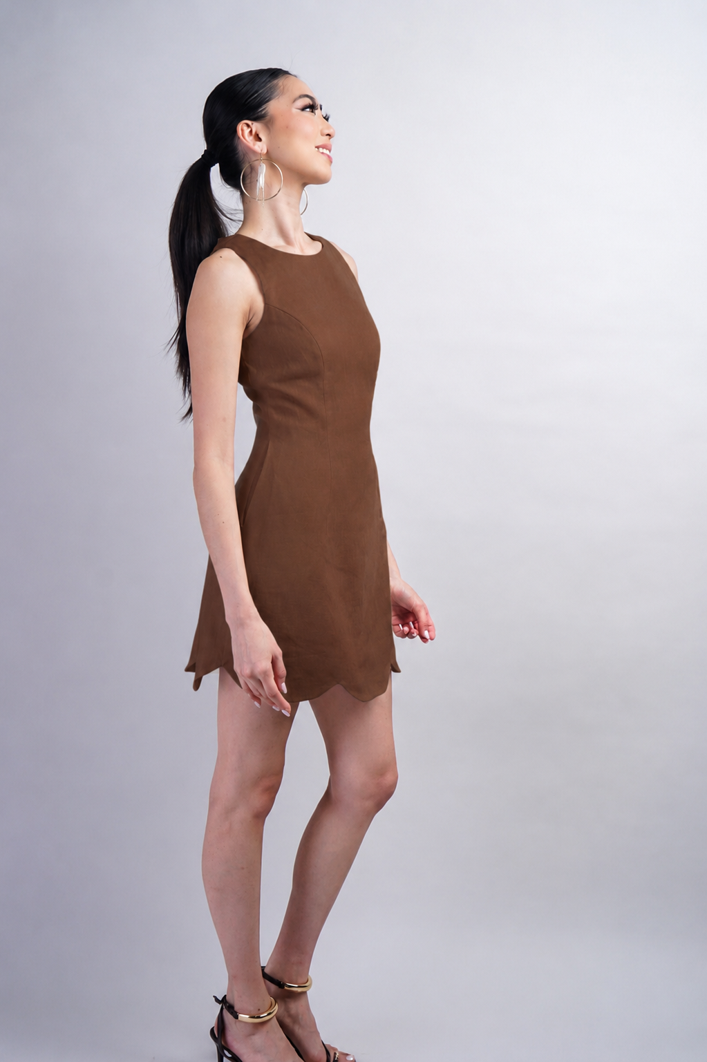 Brown Scallop Linen Mini Dress