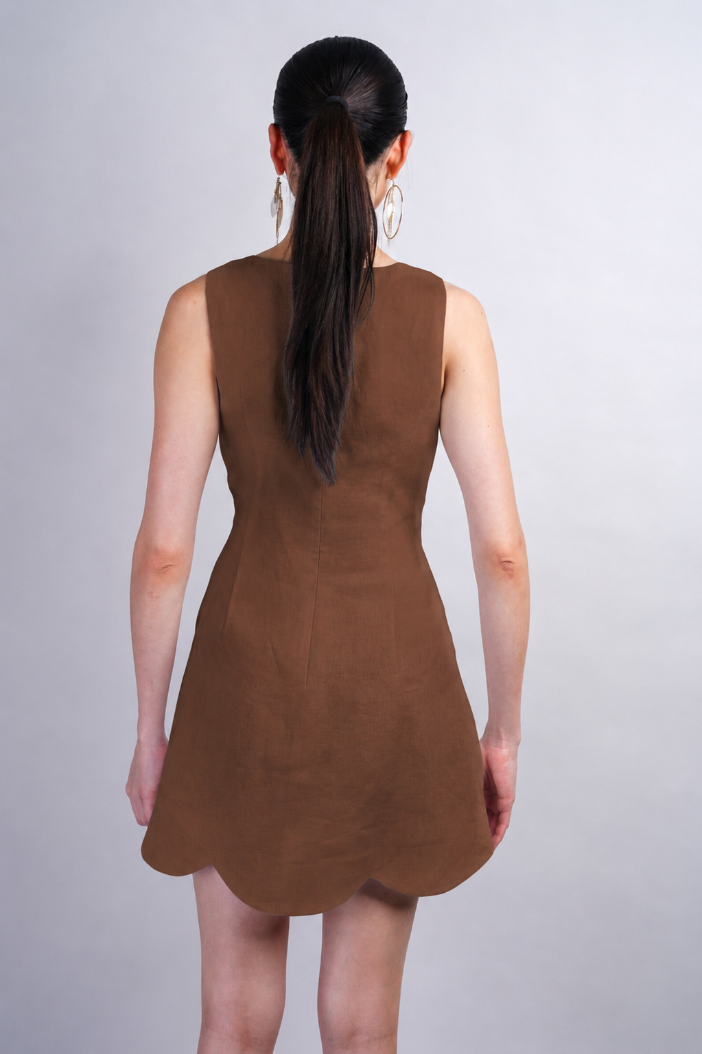 Brown Scallop Linen Mini Dress