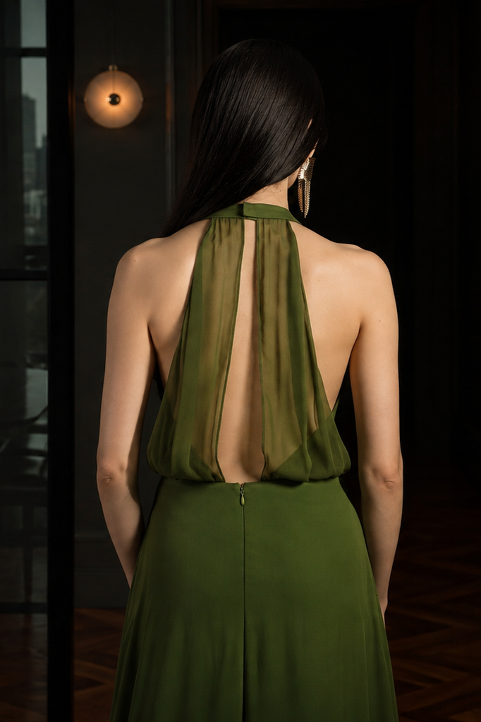 Olive Green Silk Chiffon Harlow Gown
