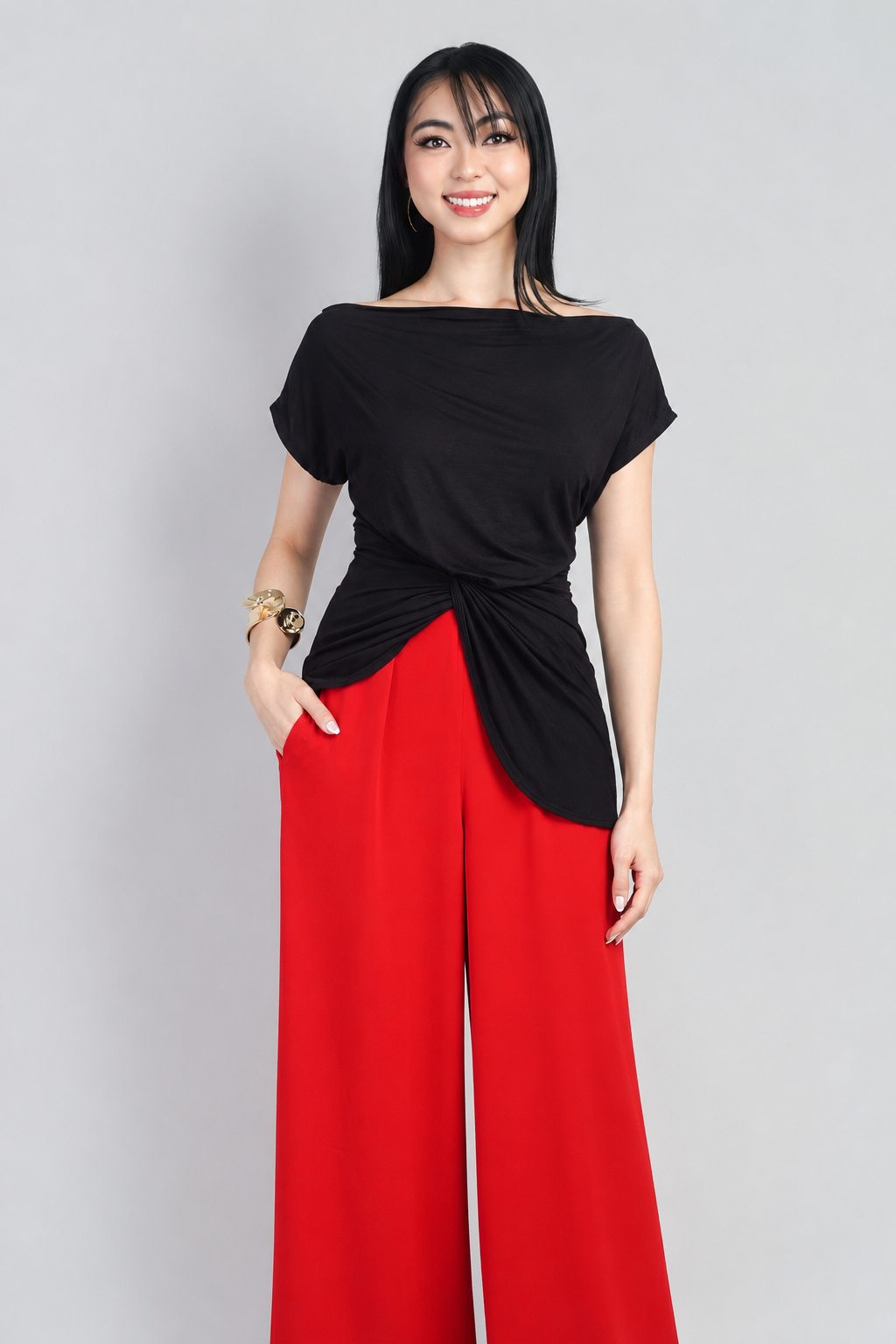 Indie Standard Black Asym Short Side Drape Top :PREORDER