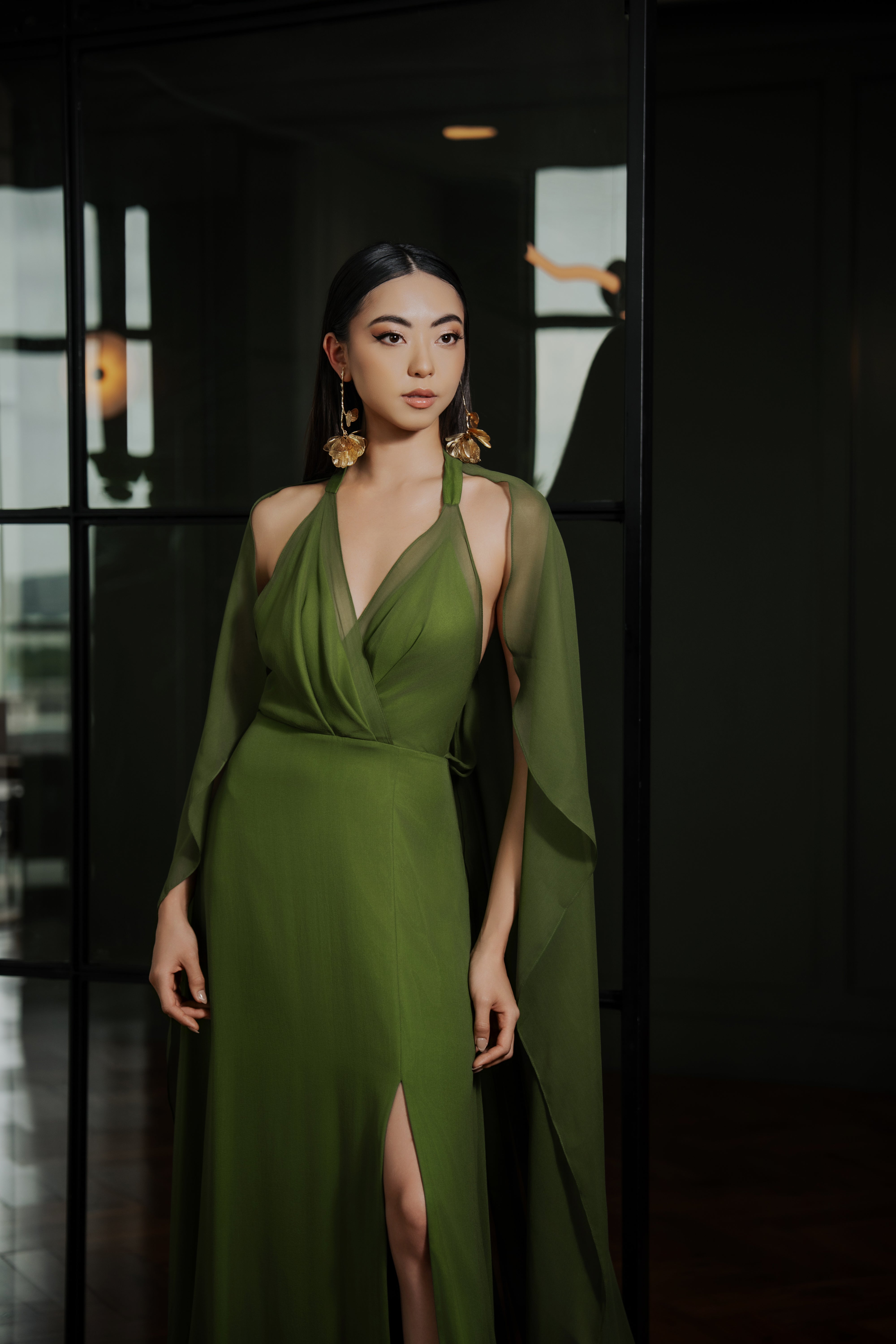 Olive Green Silk Chiffon Harlow Gown
