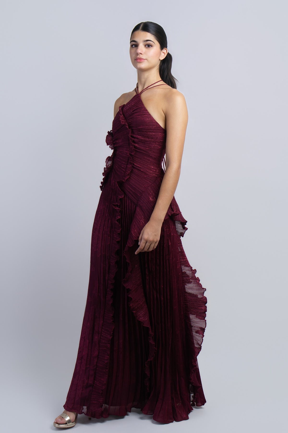 Burgundy Floral Ruffle Gown