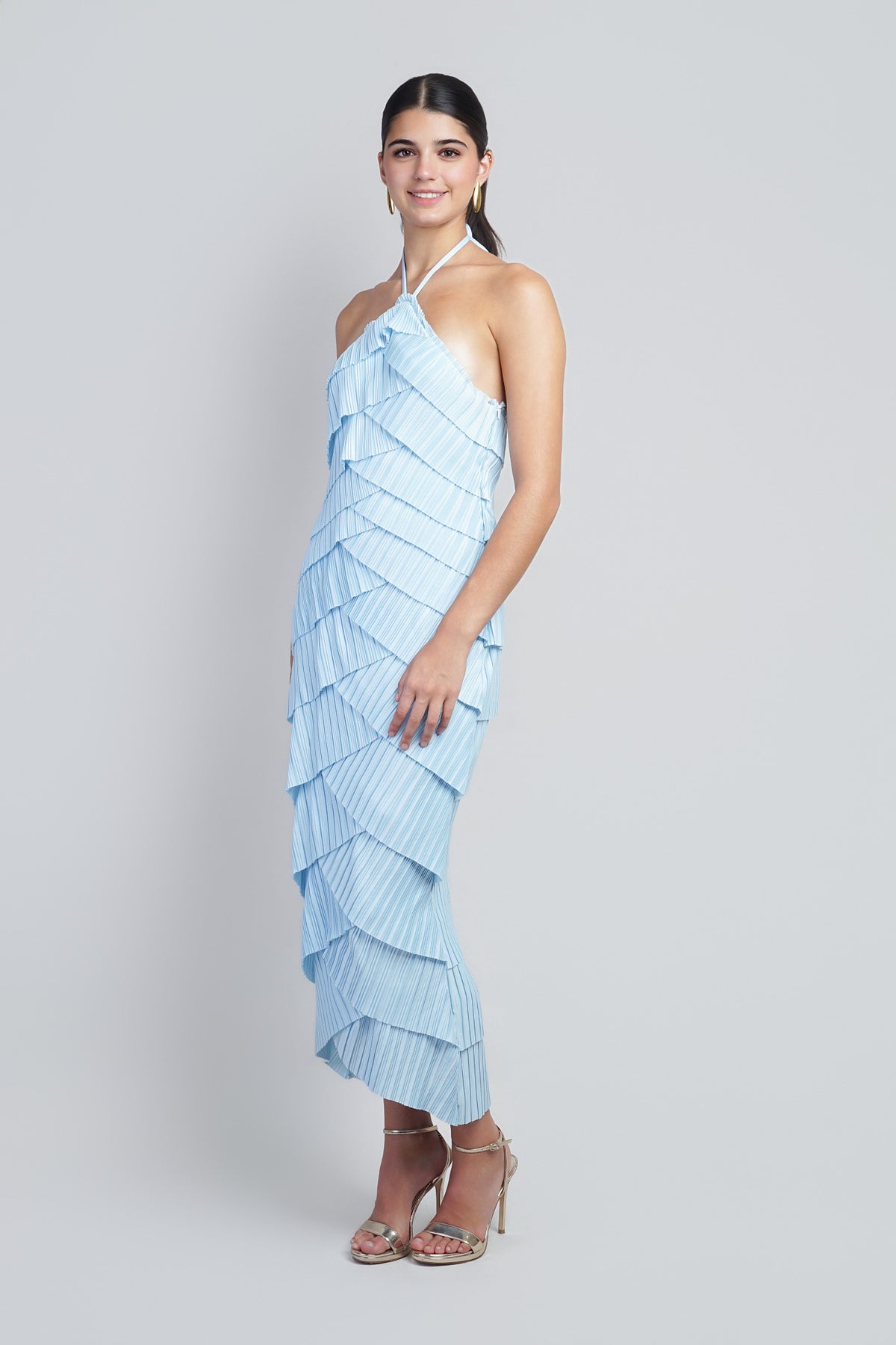 LT Blue Pleated Over lapping Strap Halter Dress