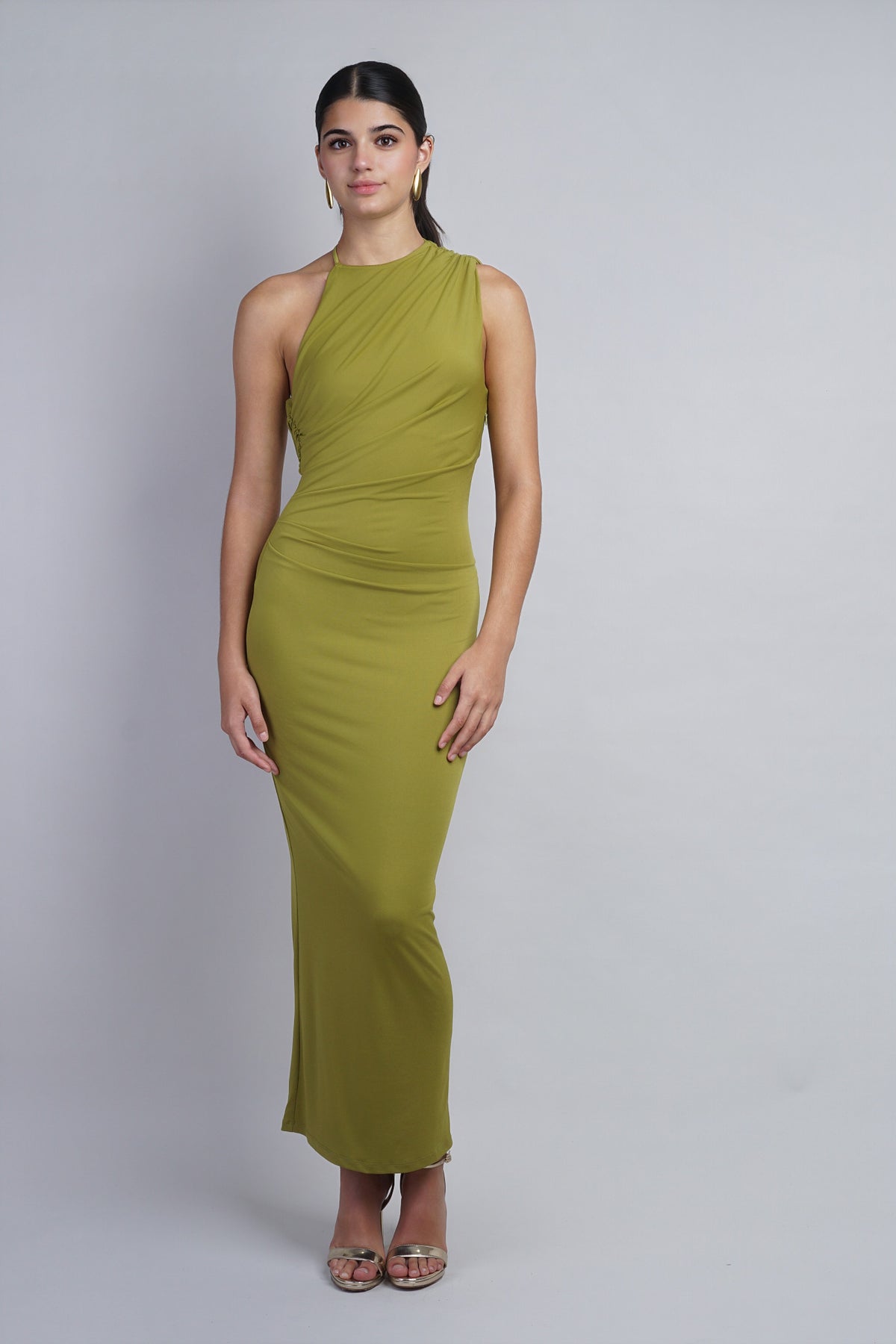 Chartreuse Asymmetric Open-Back Maxi Dress