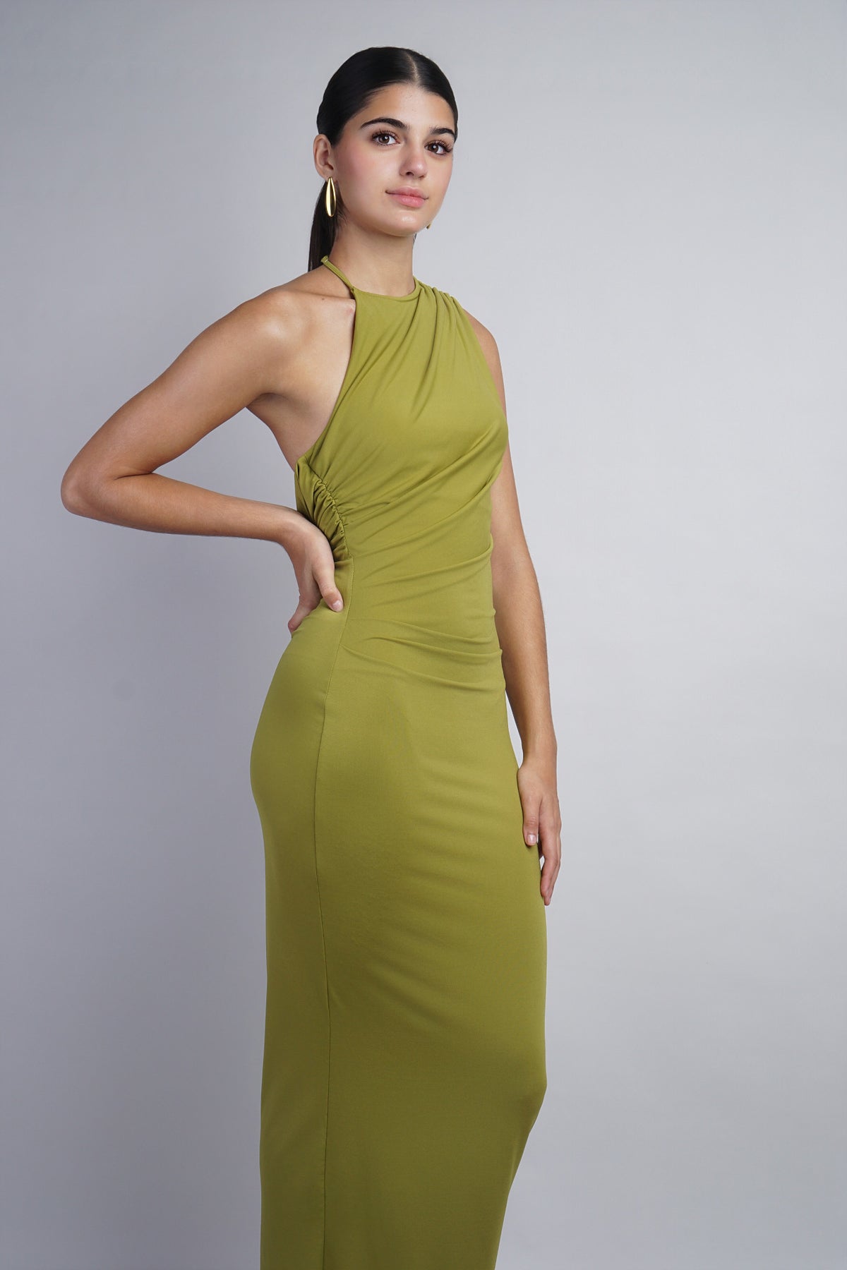 Chartreuse Asymmetric Open-Back Maxi Dress